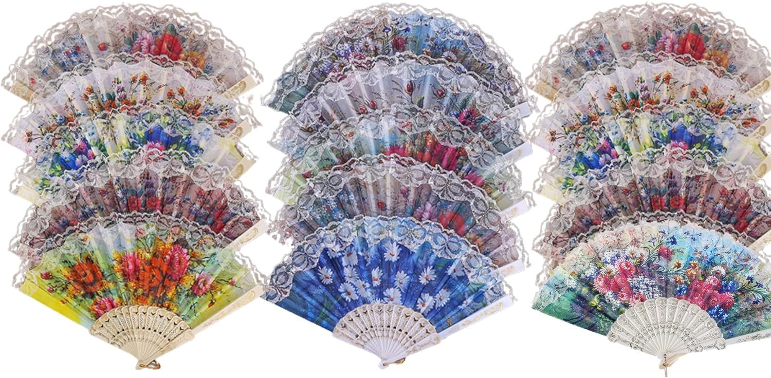 Spanish Folding Hand Fan, Flower Dancing Fans,Summer Handheld Folding Fans Party Favors for Girls Women (12 Pack,Spanish Floral,White)