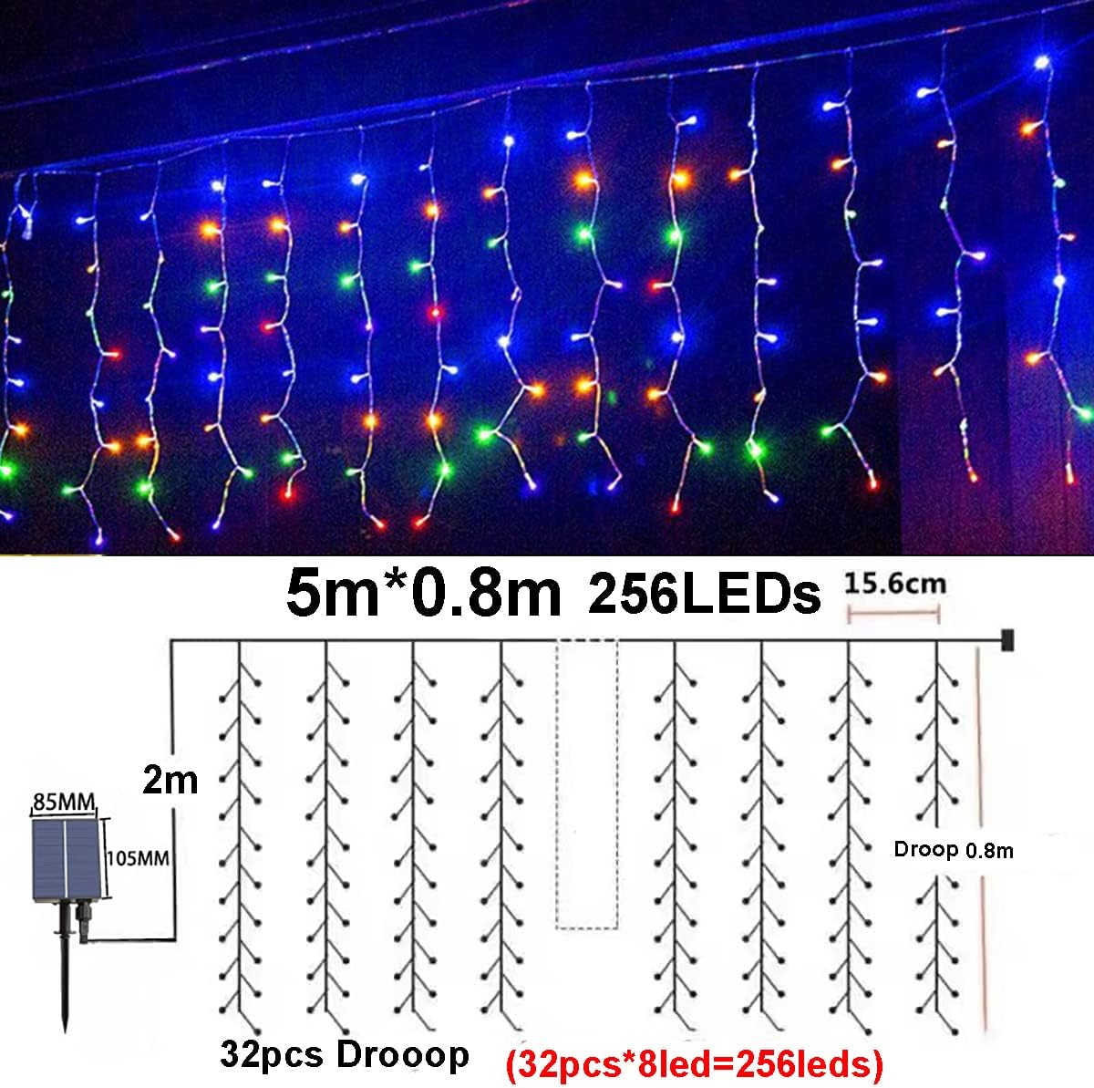 Solar Icicle String Lights, Outdoor Waterproof Icicle Light Christmas Decorations Hanging Light Garden Solar Fairy Lights with Remote for Holiday,Patio,Balcony,Eaves (5m 256LED Multi)