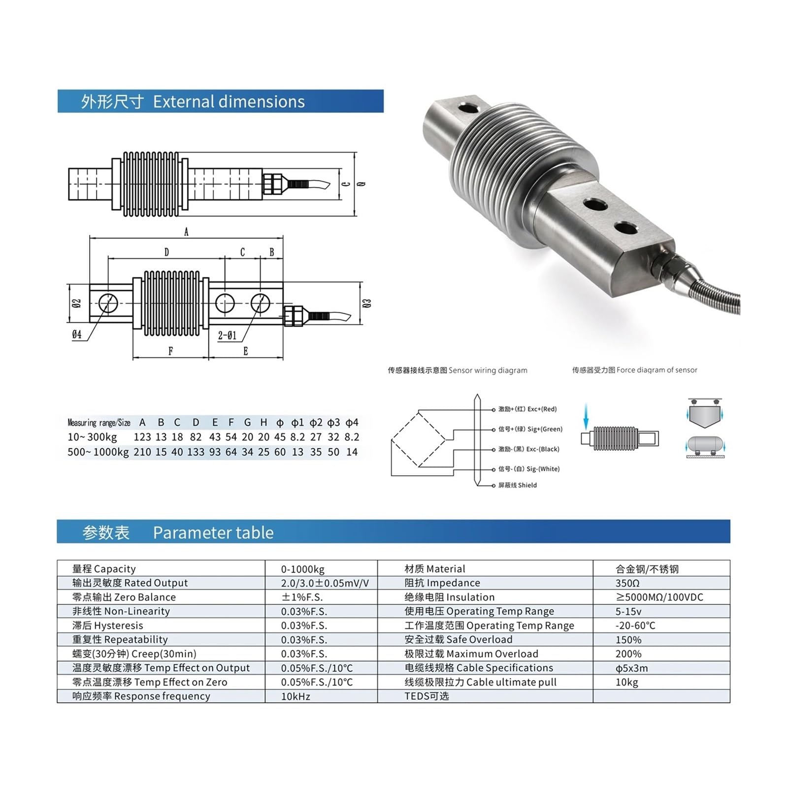 Célula de carga Sensor de celda de carga tipo fuelle con módulo de plataforma de pesaje, báscula de cinta de pesaje de presión de puente de báscula dinamométrica(0-300KG KIT)