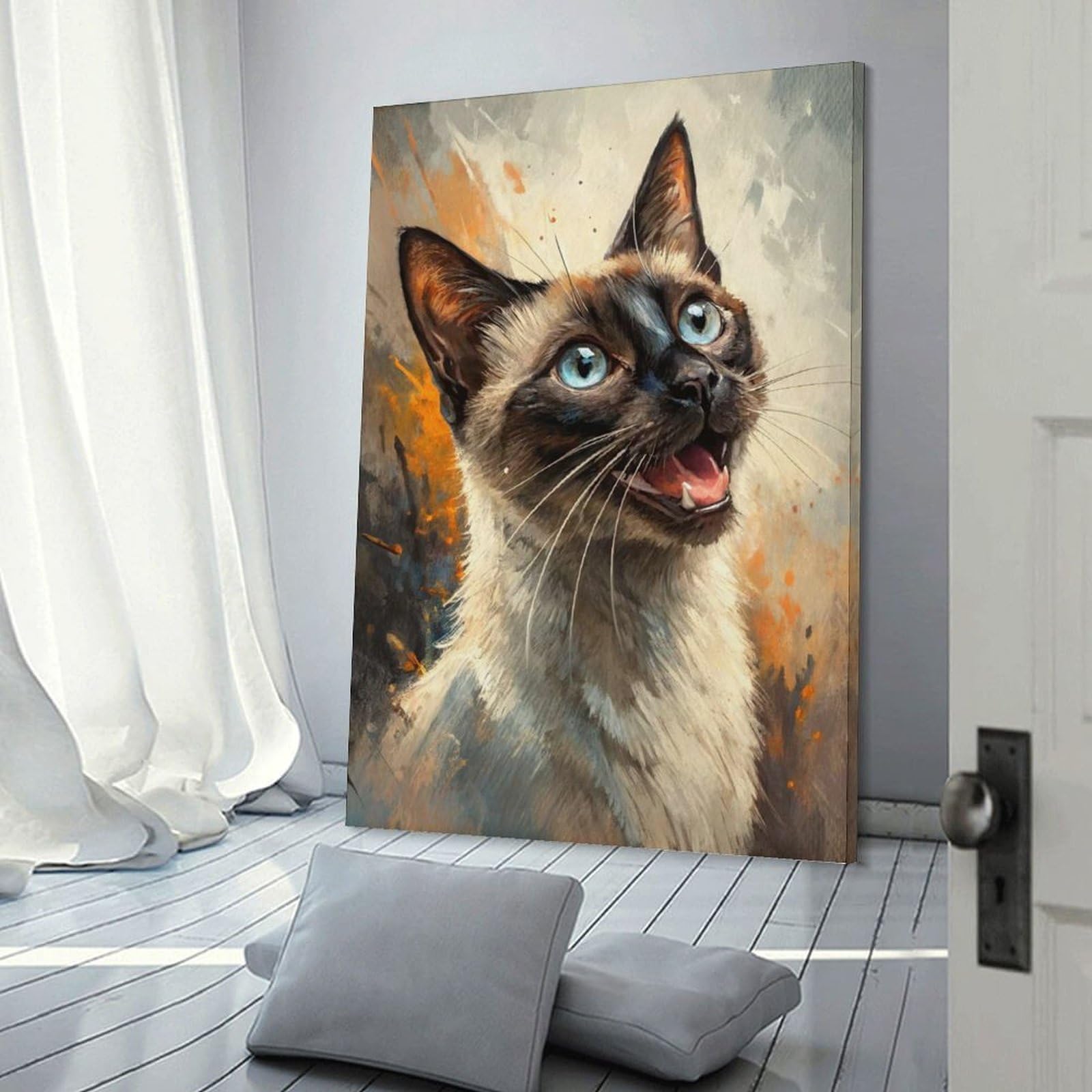 Junmoney Siamese Cat Portrait Room Decor Wall Art, 16x24inch(40x60cm), for Bedroom Walls, Guest Spaces Or Lounges, Stylish Decor for A Restful Room Update