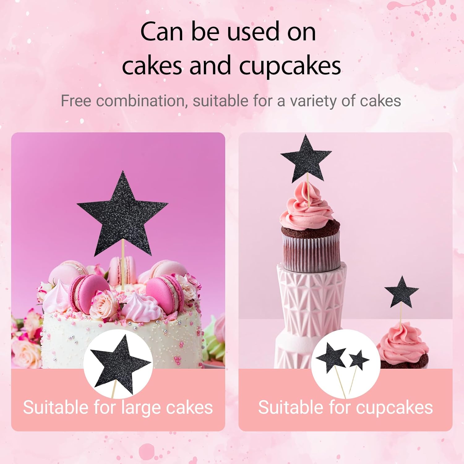 24 PCS Double-sided Black Star Cupcake Toppers Glitter Twinkle Star Cupcake Picks Black Cake Decorations for Wedding New Year Birthday Party Supplies (Mixed Size)