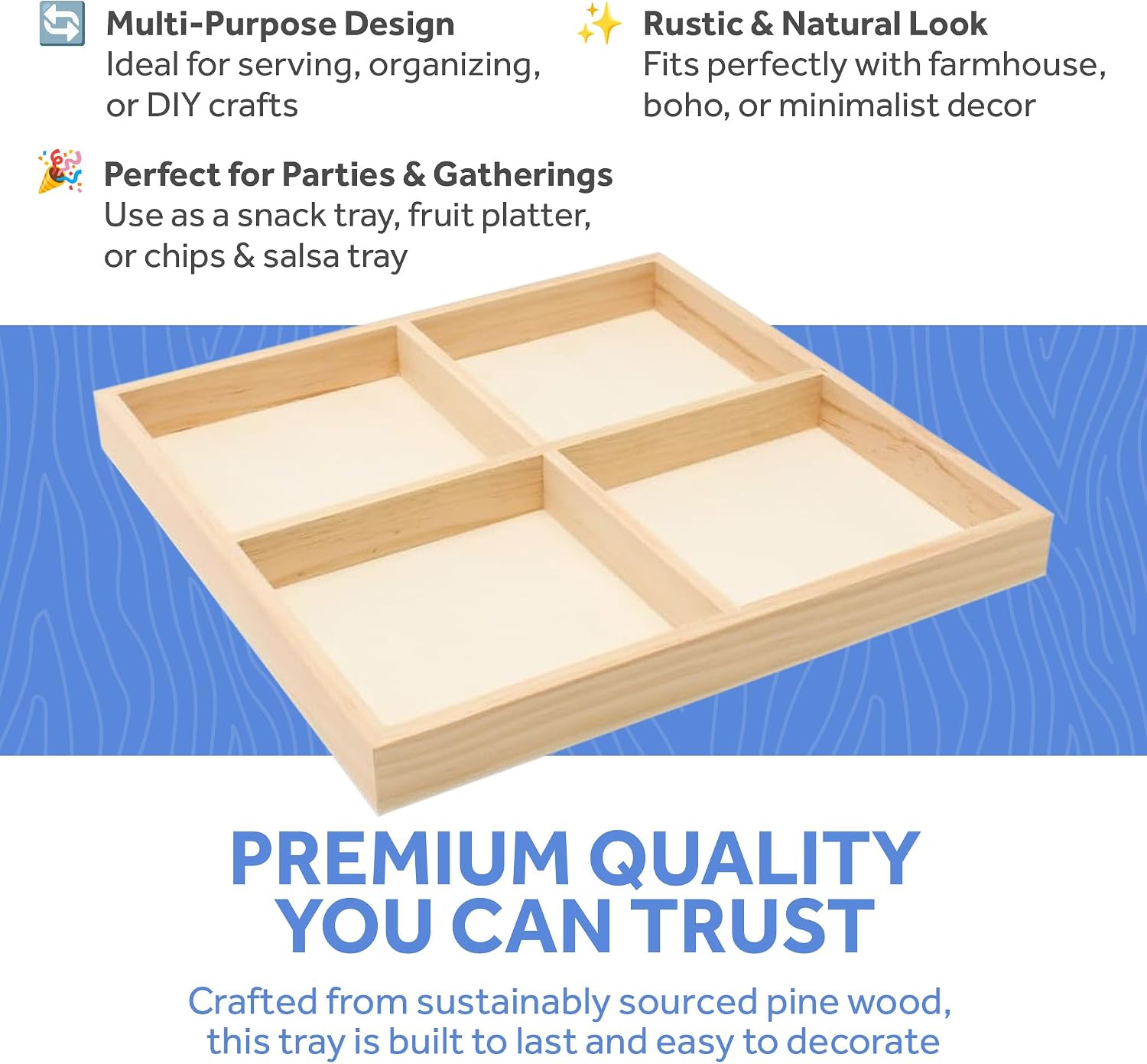 DIY Square Wooden Divided Serving Tray 12 x 12-inch, Pack of 1 4-Section Candy Tray for Vegetable & Fruit Party Platters, by Woodpeckers