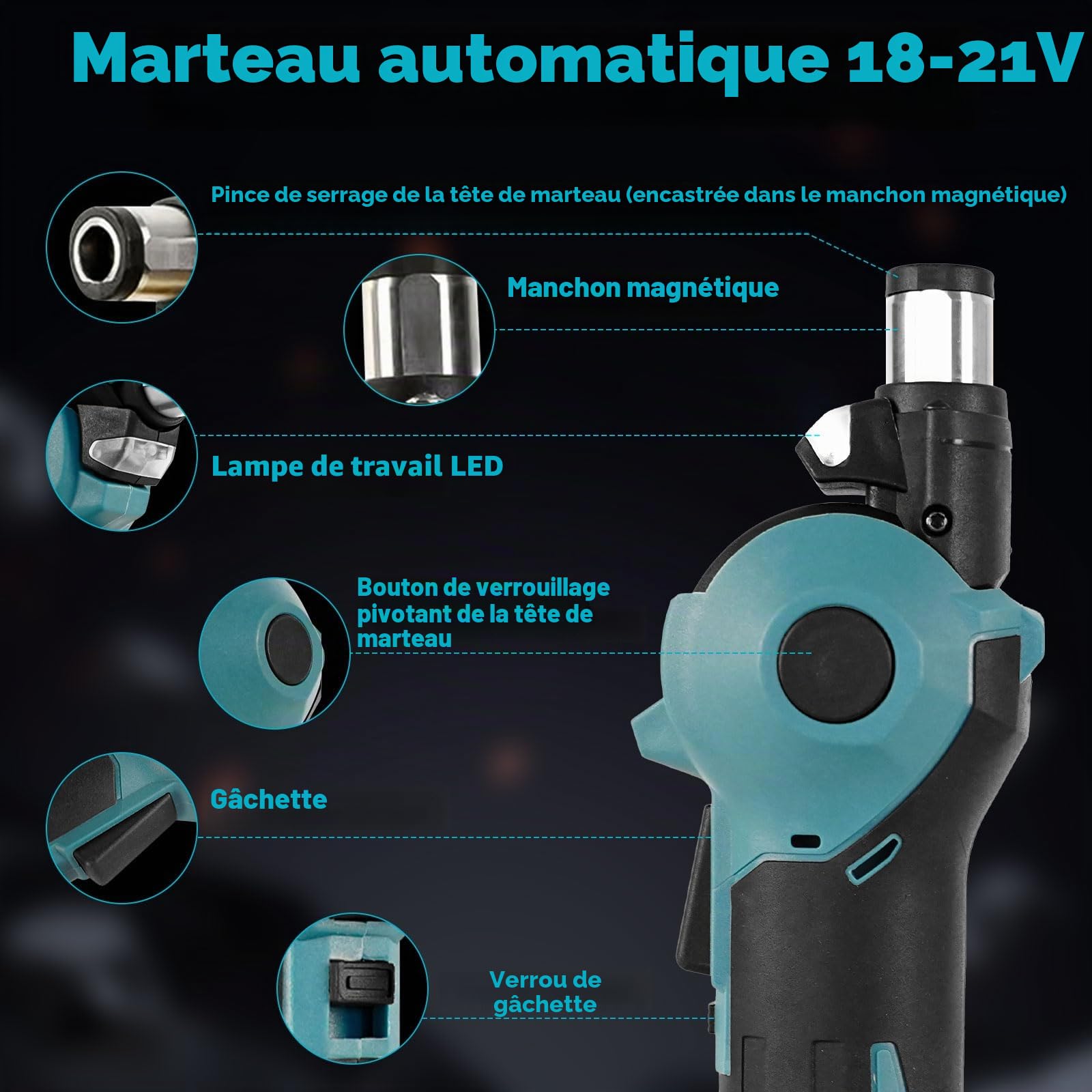 Marteau automatique sans fil pour Makita batterie 18 V, marteau à clou électrique avec tête réglable à 3 positions, pince magnétique pour percer le bois et les métaux mous (sans batterie)