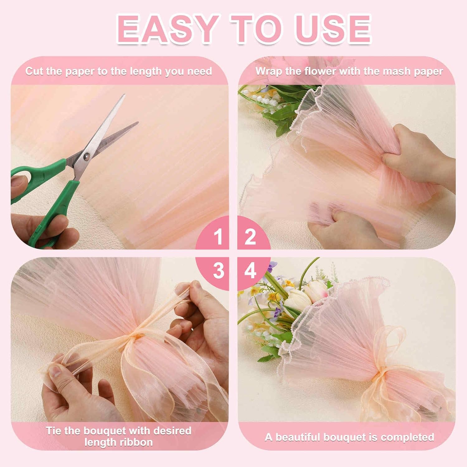 MECCANIXITY 2 Pcs 4 Yards Flower Wrapping Mesh Paper Bouquet Floral Packaging Paper with Organza Ribbon for Valentine's Day Wedding Birthday Florist Supplies, White/Light Pink