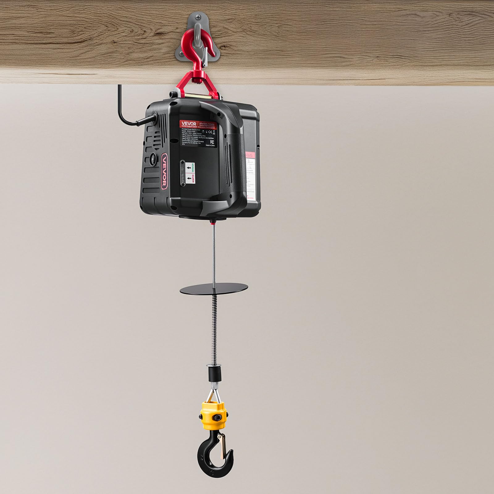VEVOR Verricello Paranco Elettrico per Sollevamento di Carico, Capacità max. 500 kg, Argano Portatile da 1500 W, Altezza di Sollevamento 7,6 m, Telecomando Manuale e Wireless da Officina Garage