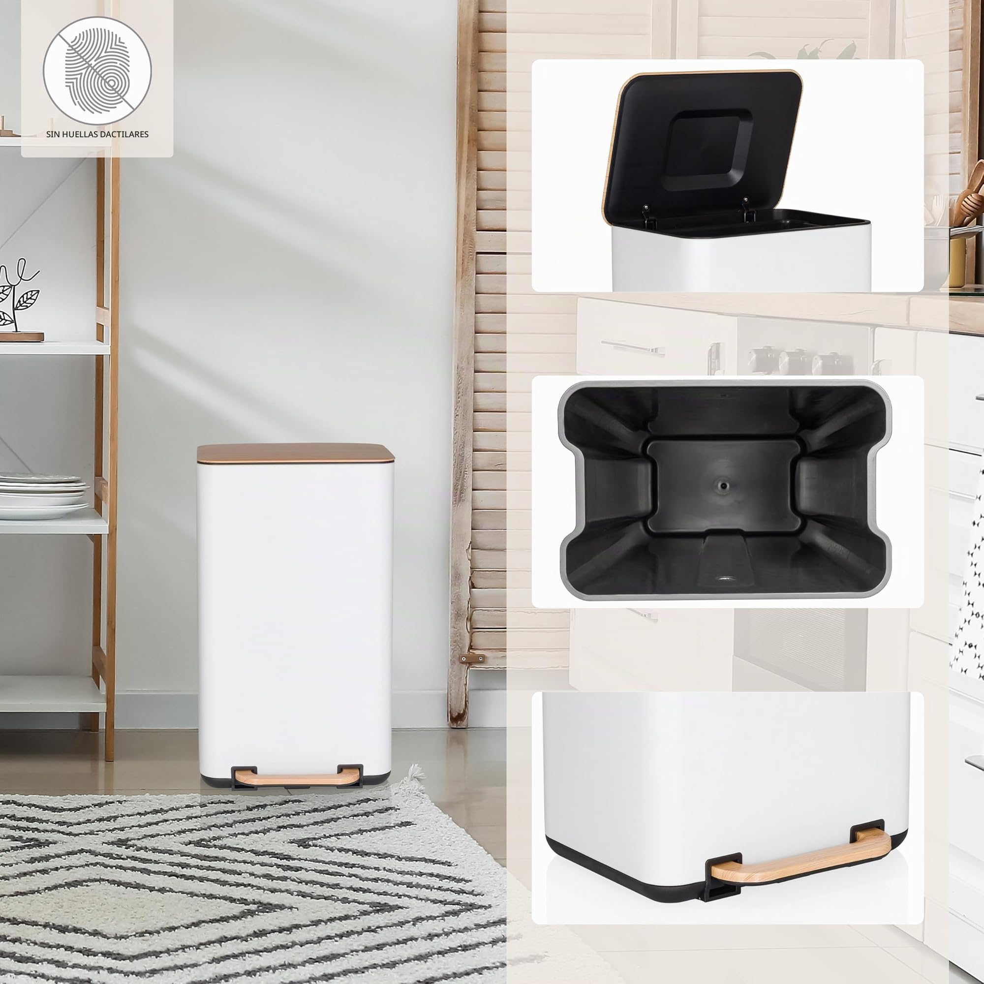 hjh OFFICE Cubo de basura de cocina, 30 litros CLEAN NATURA cubo de basura de metal con cierre suave, cubo de pedal con cubo interior, crema/nuez