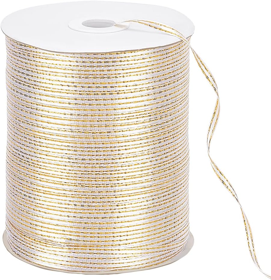 BENECREAT 870 Yards White Ribbon with Gold Edge, 1/8 inch(3mm) Glitter Continuous Polyester Ribbon for Gift Wrapping, DIY Crafts, Wedding Decoration