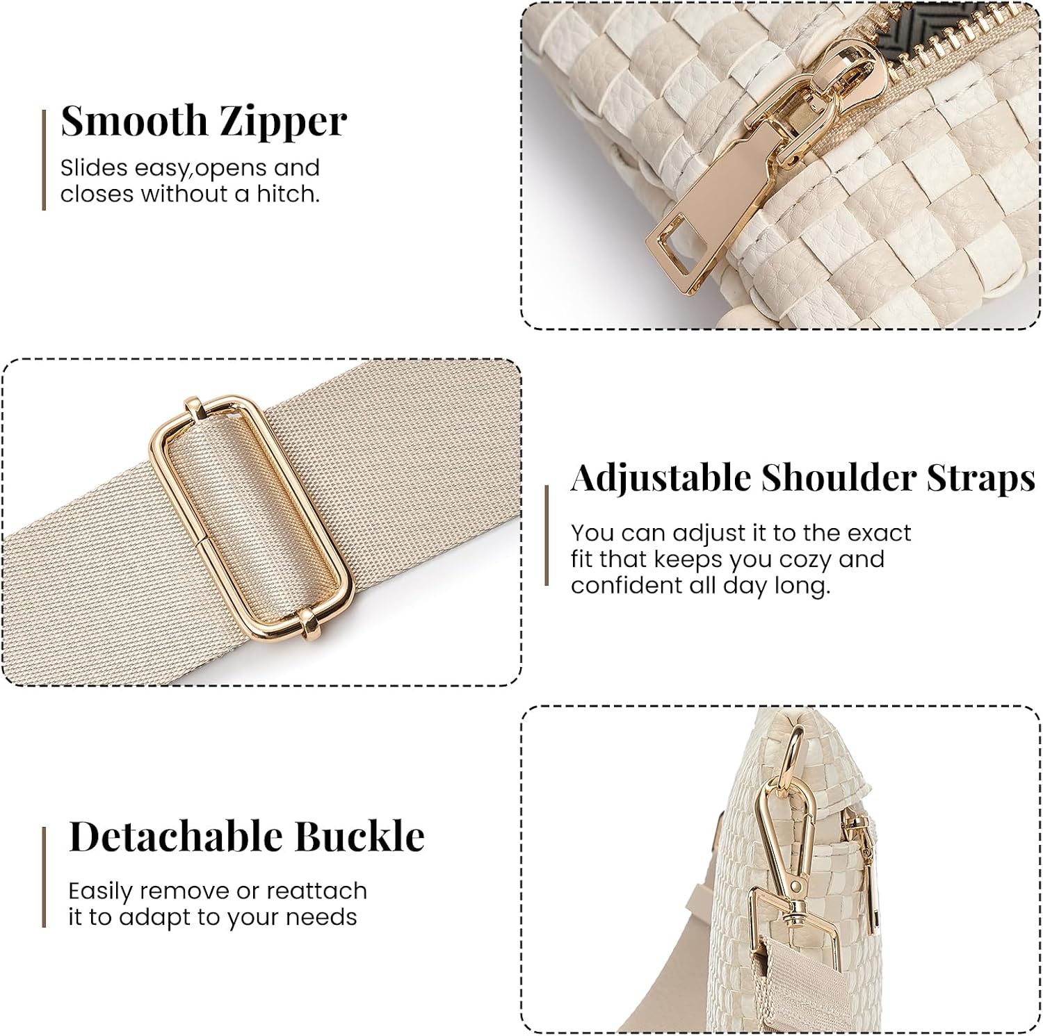 Woven Crossbody Bags For Women, Checkered Fashion PU Bum Bag Waist Pack, Travel Sling Purse with Adjustable Strap（Beige and White)