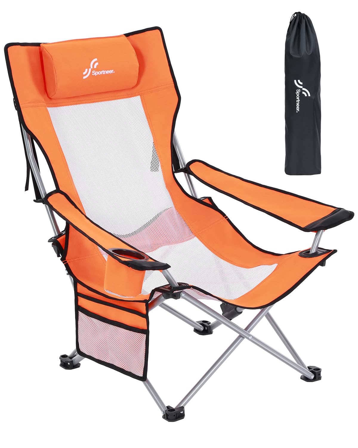 Sportneer Beach Chair: Adjustable Folding Chair with Cup Holder & Side Pocket - Portable & Compact Beach Chairs for Adults with Reclining Positions