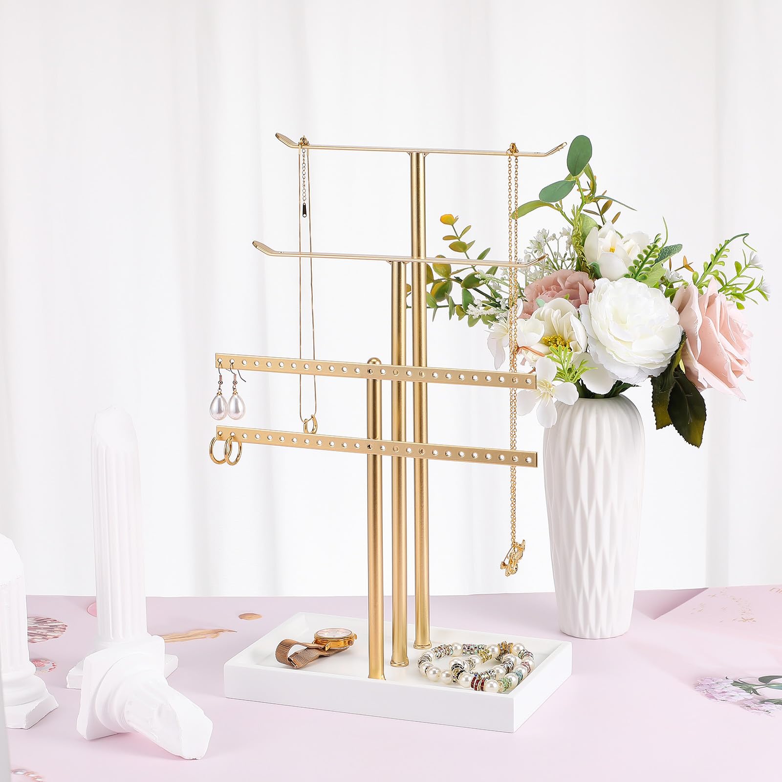 INOOMP Soporte Organizador de Joyas de Metal Múltiples Niveles, Almacenamiento Versátil y Diseño Elegante para Collares y Pendientes en Escritorio