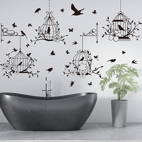 Miniatura 6 de Calcomanías de pared para jaula de pájaros diseño de flores de arte y pájaros calcomanías de pared extraíbles para decoración del hogar para niños