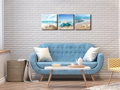 Miniatura 4 de Pyradecor 3 paneles de estrellas de mar botella de conchas de mar imágenes de playa sobre lienzo, arte de pared moderno, paisaje marino, impresiones