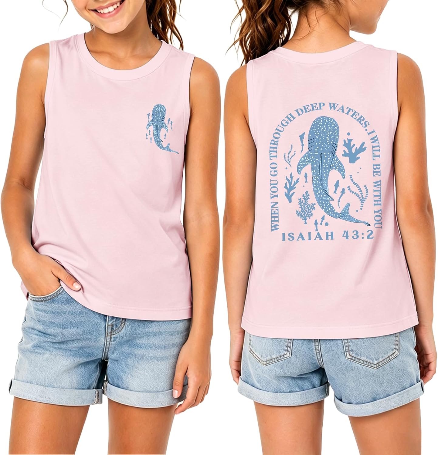 Girls Christian Graphic Tank Tops Jesus Whale Shark Bible Verse Shirts Kids God Faith Religious Cute Sleeveless Tees