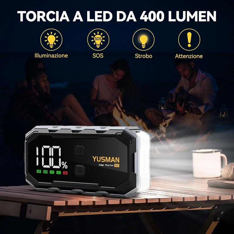 YUSMAN 5000A Hordozható Autó és Motor Bikázó - 21800mAh Akkumulátor Indító Minden Benzines és 10.0L Dízel Járműhöz, LED Lámpával, QC3.0 Tölt