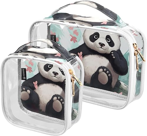 Kawaii Panda - Neceser transparente para viajar, paquete de 2 bolsas de cosméticos de maquillaje con cremallera, bolsa de viaje para artículos de