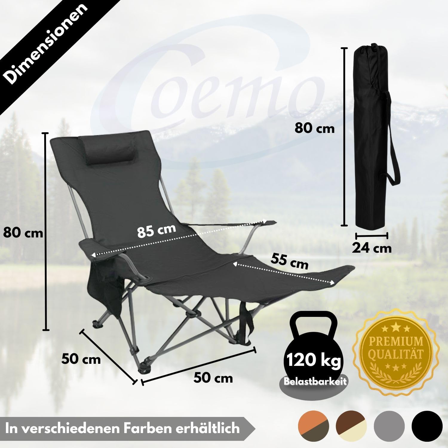 Coemo Campingstuhl, Schwarz, zusammenklappbar, verstellbar, Getränkehalter | Liegestuhl mit Kopfstütze, Tasche, Relaxliege leicht, tragbar, verstellbarer Faltstuhl, zusammenklappbarer Stuhl