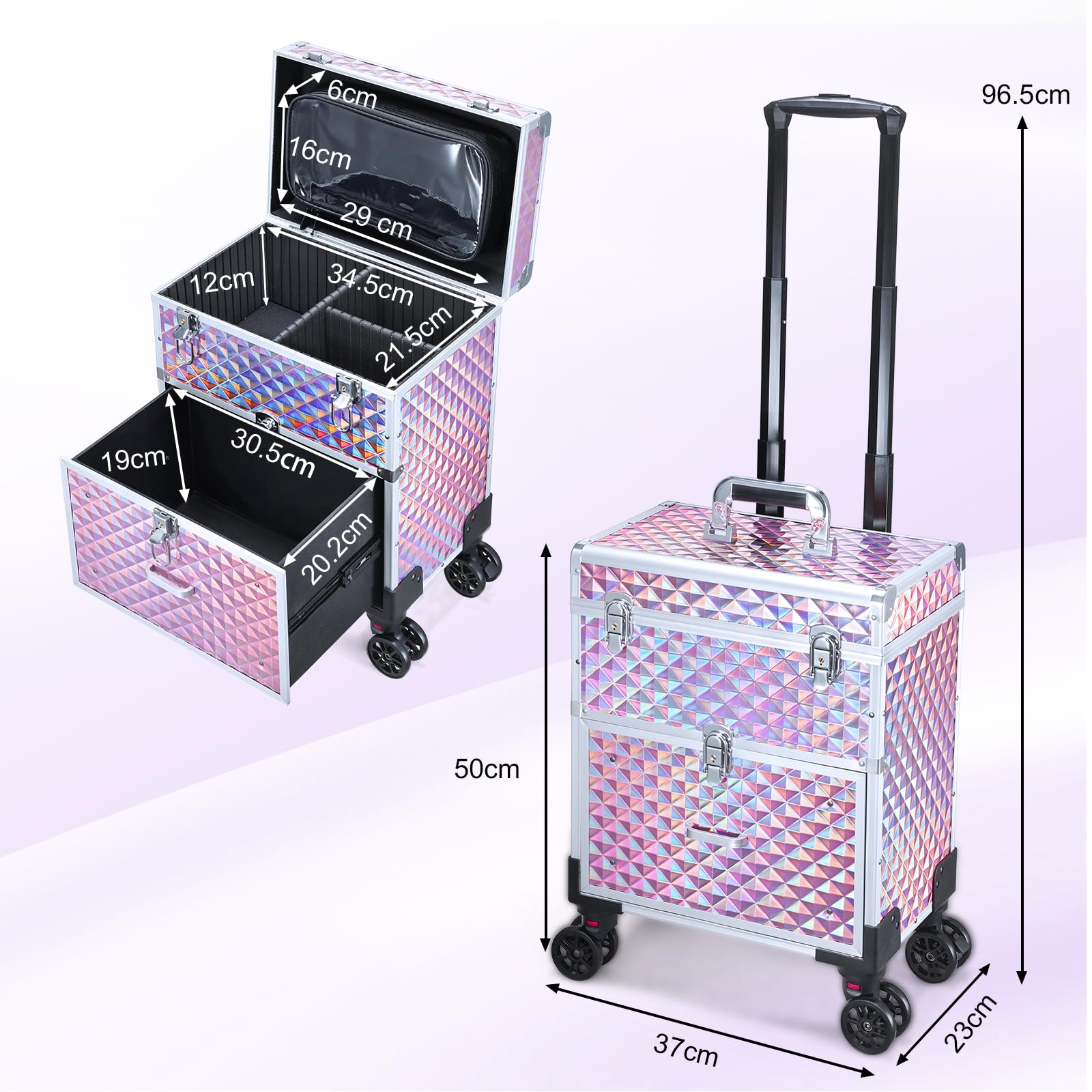 Maleta Maquillaje con Ruedas Maletín Maquillaje Profesional con Cajones, Maletín de peluquería Caja Maquillaje para para Maquilladores, Peluqueros y Técnicos de Uñas, con Bolso Desmontable, Rosa