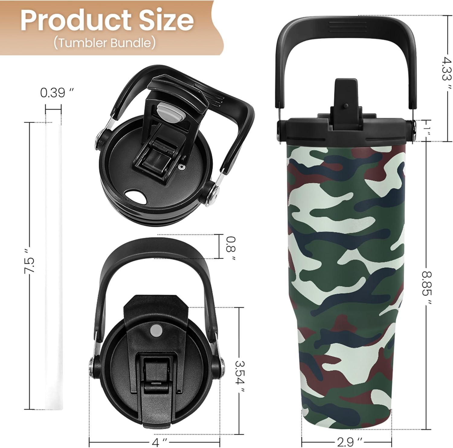 SANDJEST Camo Tumbler with Handle 30oz - Camouflage Tumblers Stainless Steel Insulated Flip Straw Coffee Travel Cup, Gifts for Men Veteran Hunting Lover Sport Outdoor Workout - Image 2