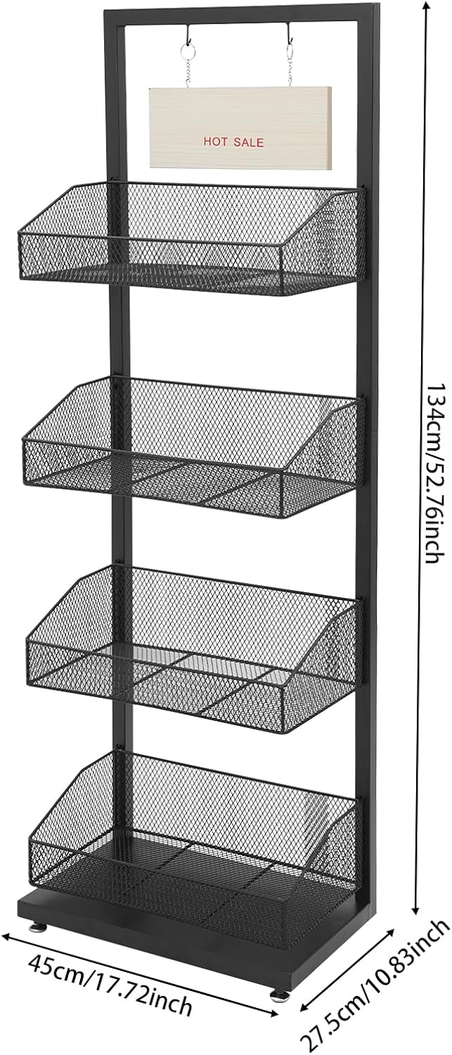 Snack Display Shelf, 4-Tier Retail Storage Rack with Signboard, Candy Organizer Fruit Storage Basket Shelf for Convenience Stores, Supermarkets, Stationery Stores,17.72×10.83×52.76In (Black)