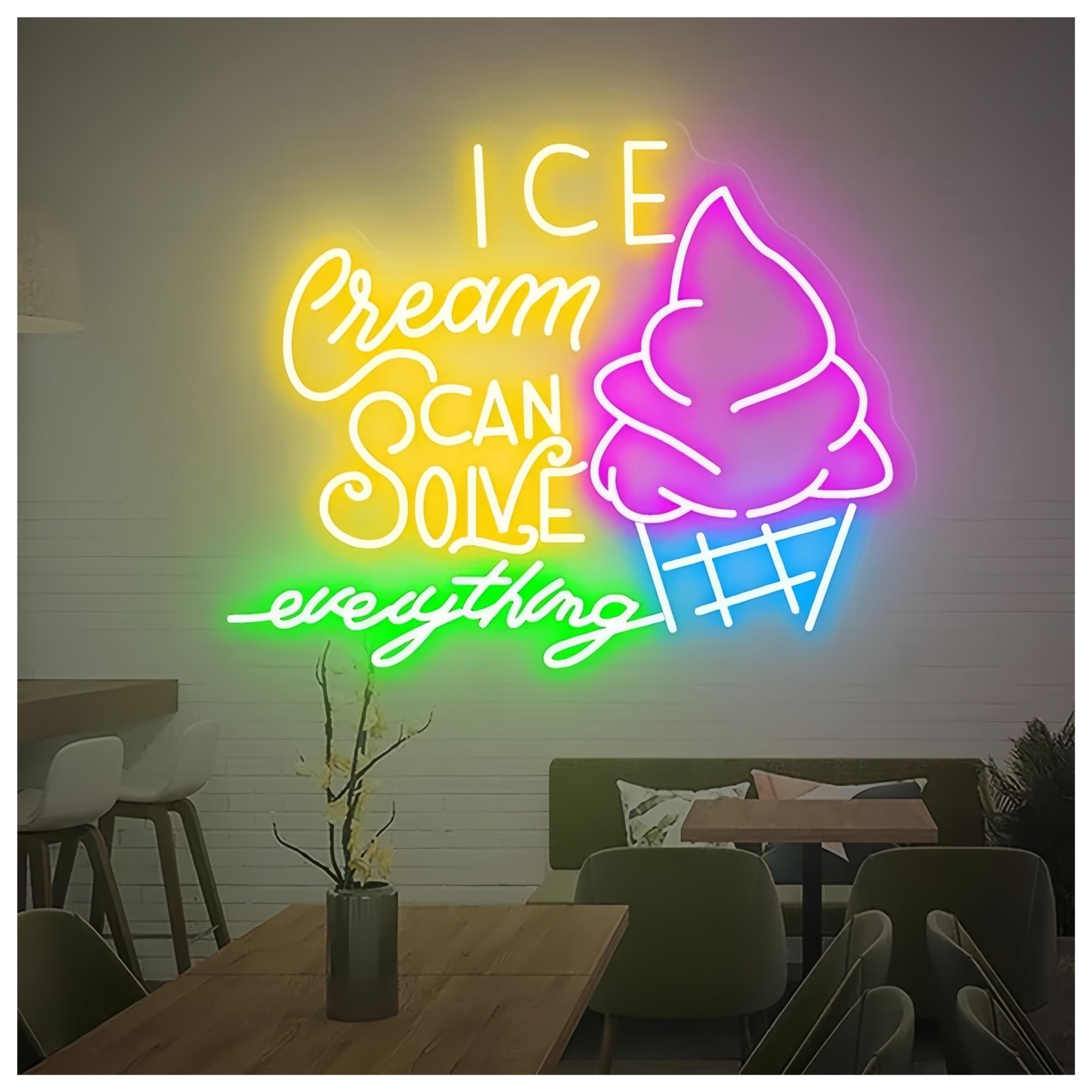 SHOUXI Sign Lamp Ice Cream Solves Everything Neon Sign Ice Cream Store Wall Decor Neon Sign Cafe Bar Decoration Neon Light(F,55CM)