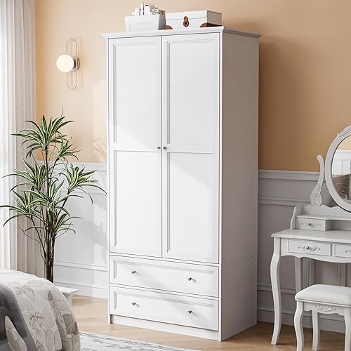 VINGLI Armario Armario con puertas y cajones, Armario para armarios de dormitorio, Armario blanco con cajones, 33.8 pulgadas de ancho x 19.6