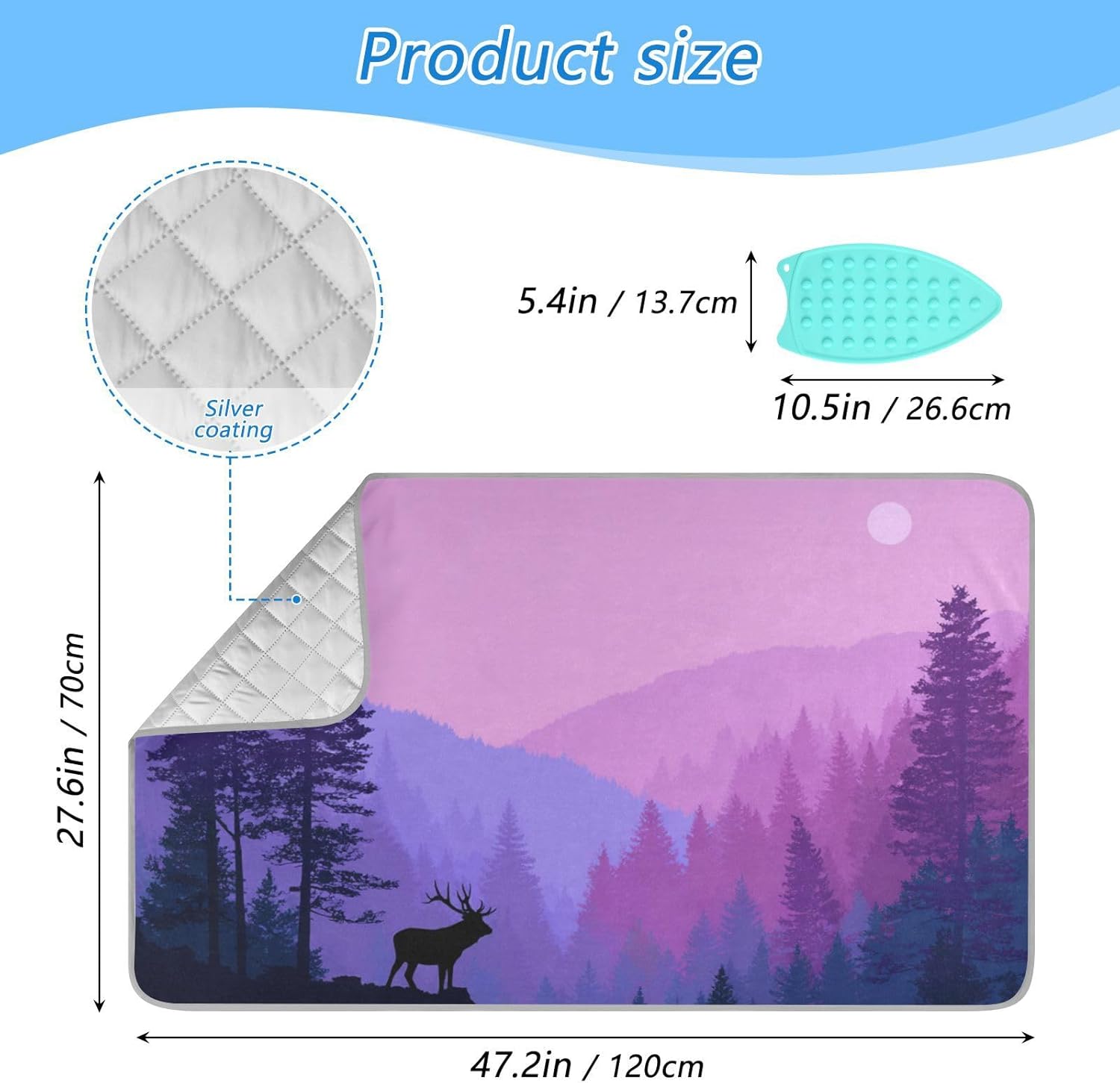Ironing Mat Portable Ironing Pad Ironing Blanket for Table Top Heat Resistance Double-Side Using Travel Large 47.2 x 27.6 Inch Foldable Lightweight Purple Stag Mountains and Forest