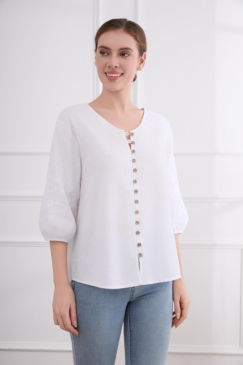 Minibee Women's Cotton Linen Shirts 3/4 Length Sleeve Tops V Neck Button Down Embroidered Blouses - Image 2