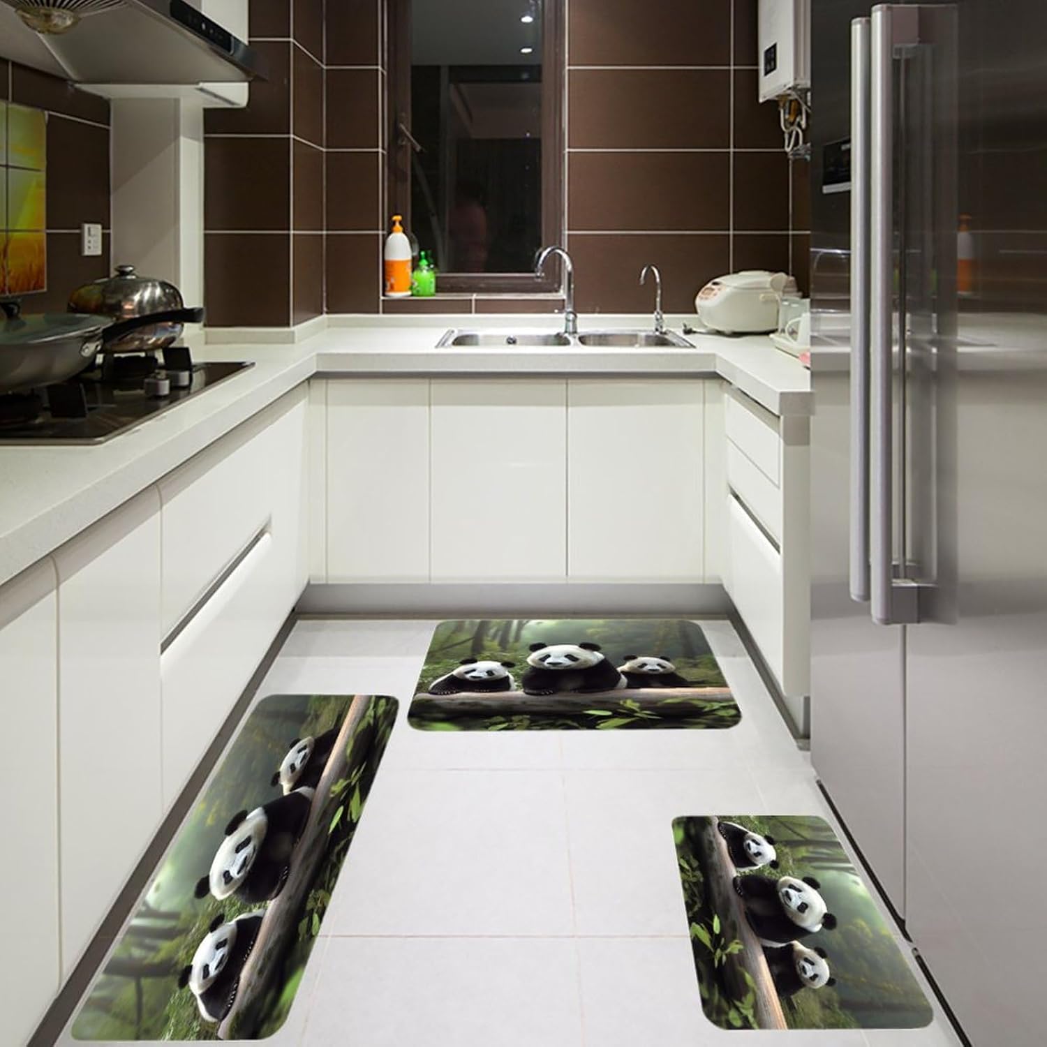 Cute Panda Kitchen Mat Set of 3 Waterproof Floor Mats Non-Slip Kitchen Rugs Premium Flannel Rug Heavy Duty Standing Mat for Kitchen Home Bathroom Laundry