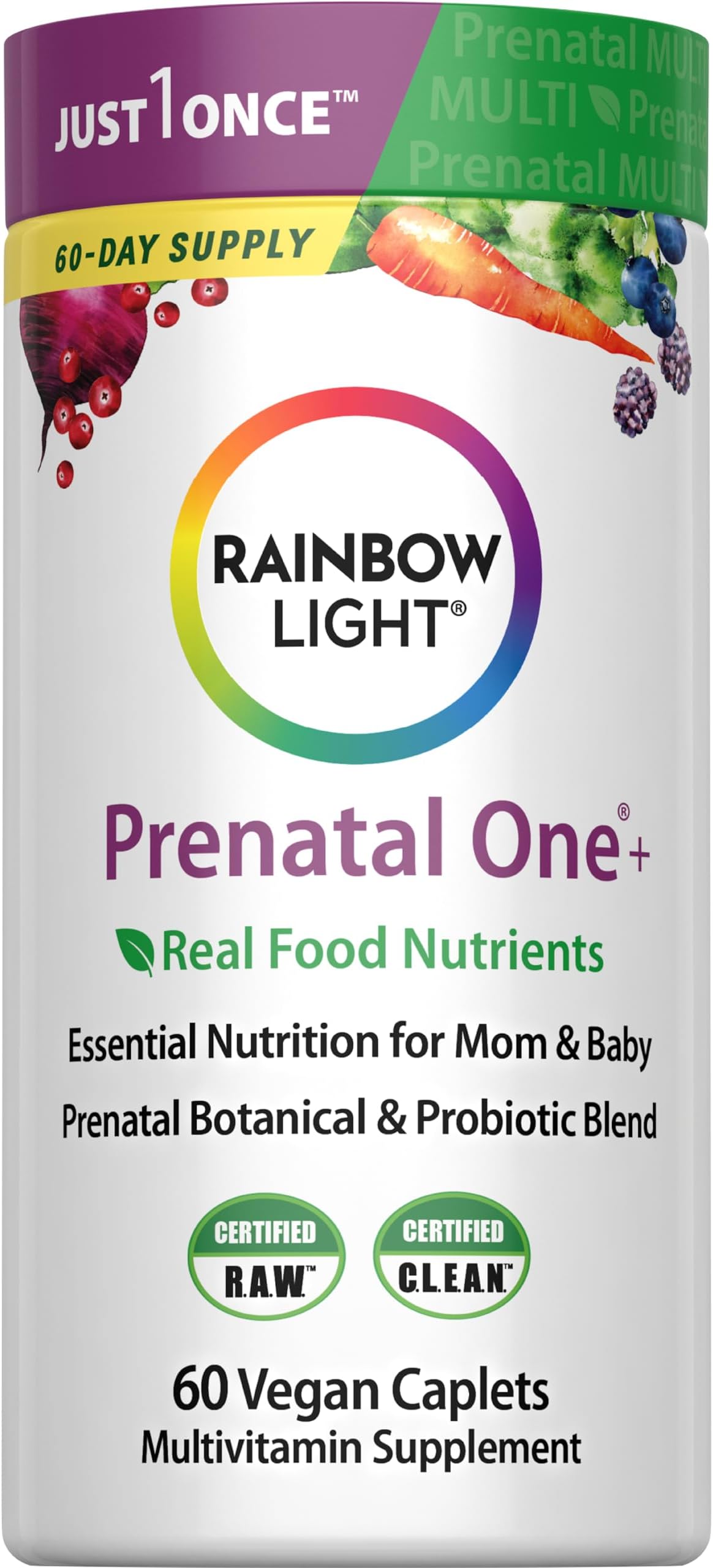 Rainbow Light Prenatal Multivitamin One + for Women | 60 Caplets | Essential Nutrition for Mom & Baby | Real Food Nutrients | Prenatal Botanical & Probiotic Blend