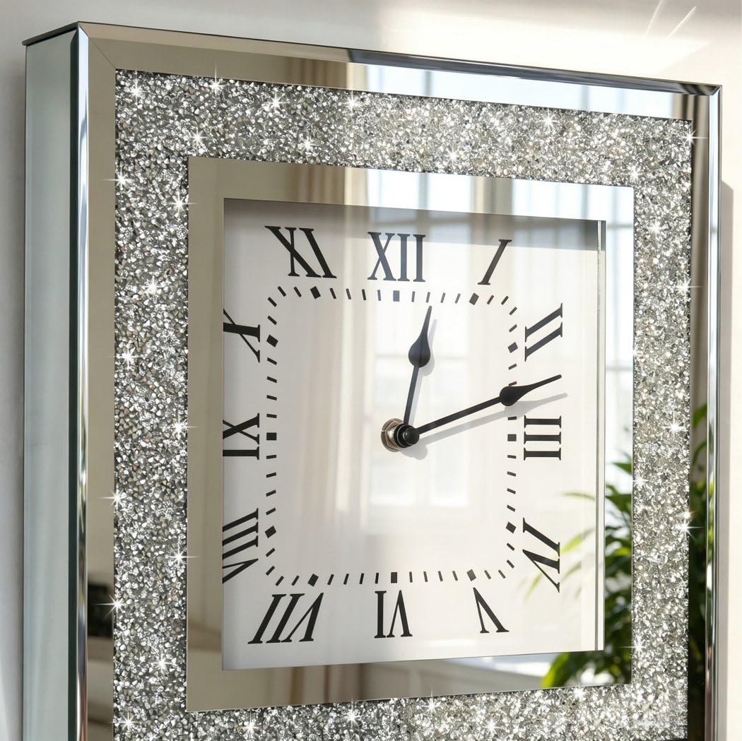Crystal Crush Diamond verspiegelte quadratische Wanduhr mit funkelndem Glitzer-Diamant-Dekor für Wanddekoration, 30,5 x 30,5 cm, dekorative Silberne Spiegel-Quarzuhr für Heimdekoration, AA-Batterie