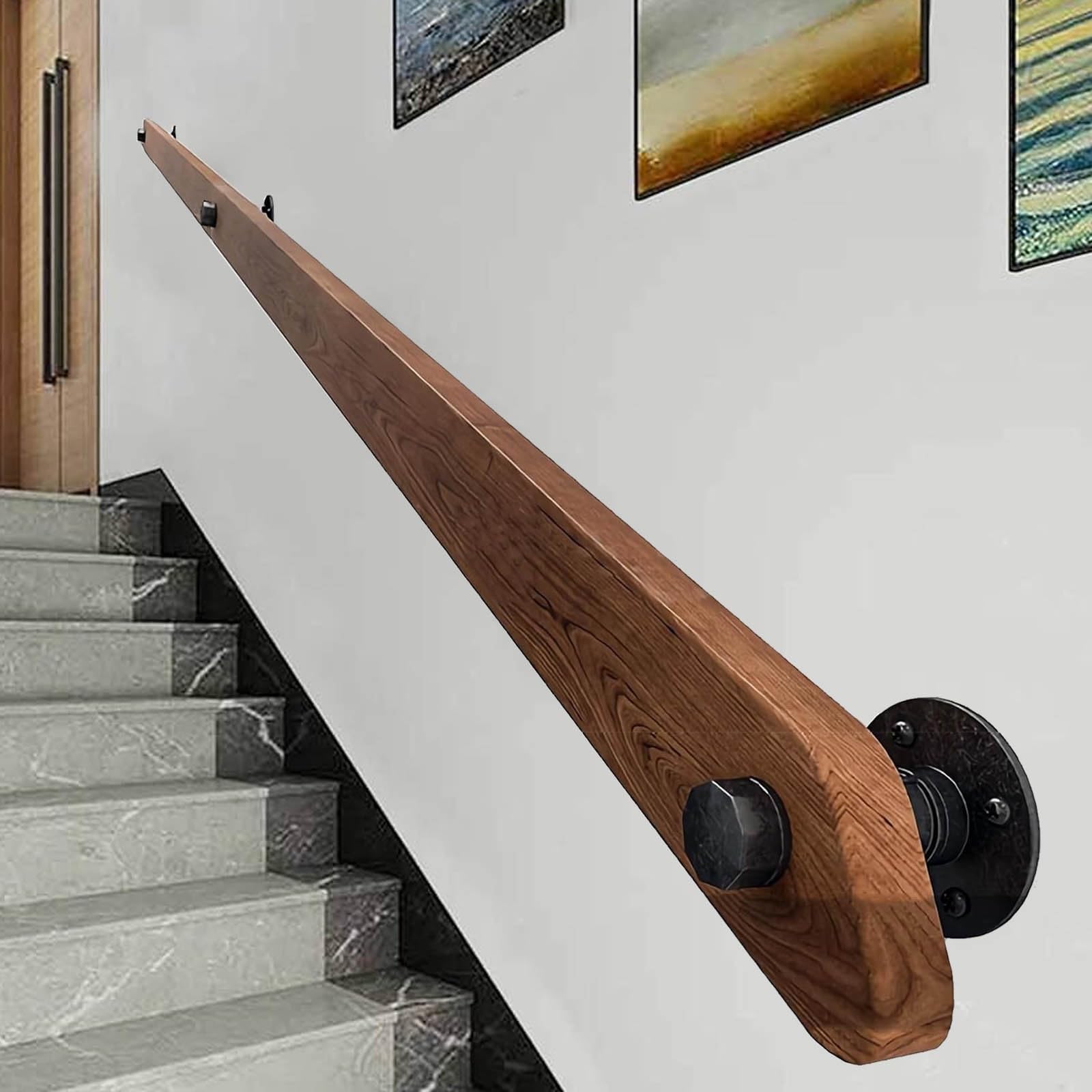 Dawselod 180cm Wooden Stair Handrail ， Rustic Industrial Non-Slip Safety Corridor，Wall Mount Support Stair Railings， for Indoor Outdoor Steps, Porch, Garage, Corridor, Dark Brown