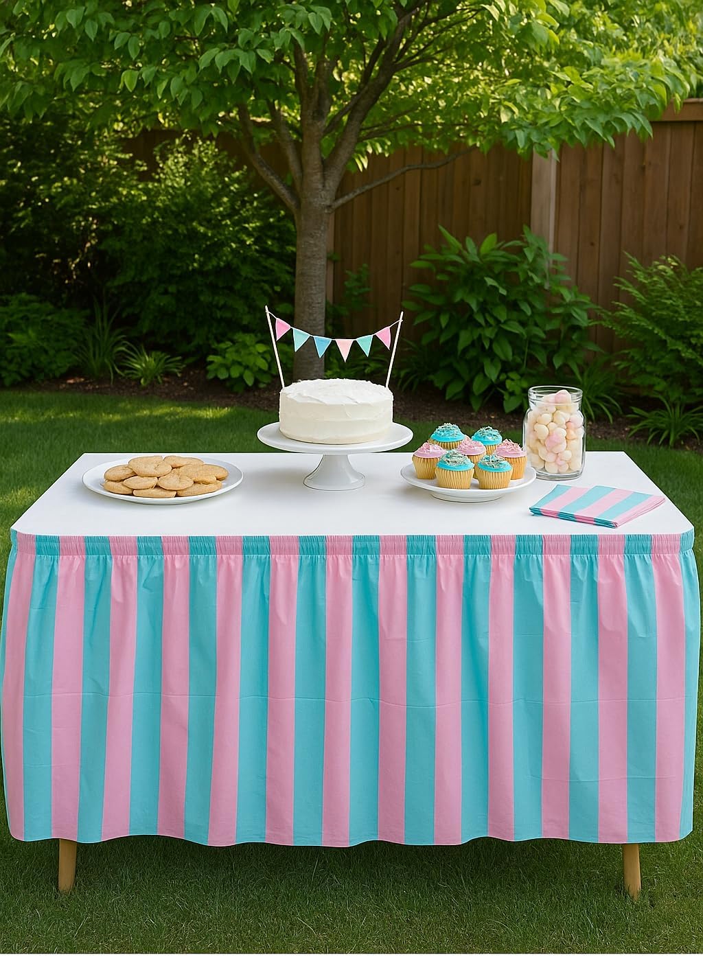 Oojami 4 Pack Light Blue & Light Pink Striped Table Skirt Baby Shower Decorations