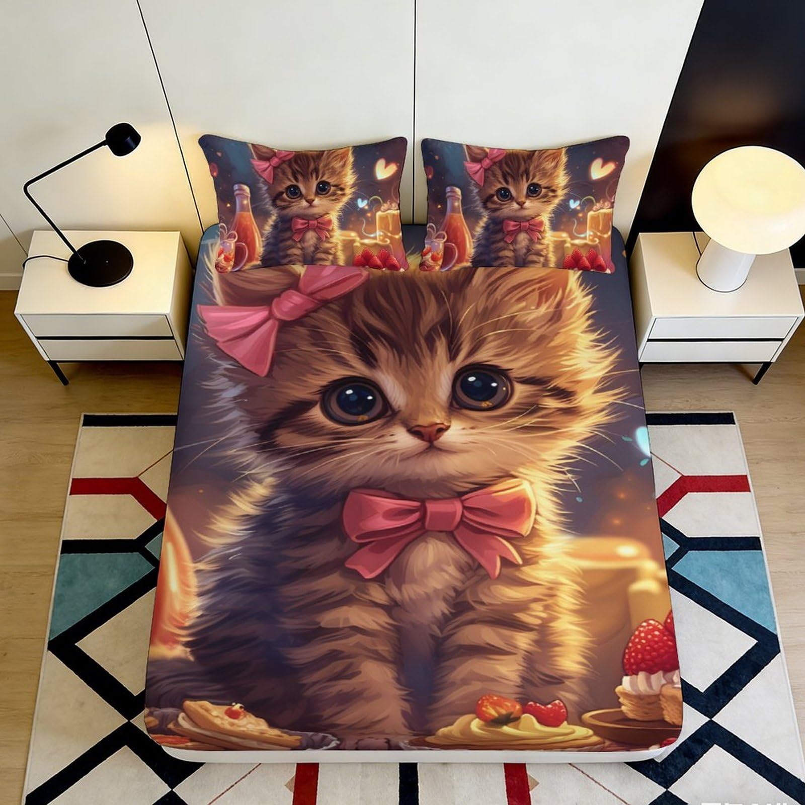 3D Printed Cute Cat Fitted Sheet Microfiber Soft Decorative Bowknot Kitten Bed Cover for Bedroom Dorm Mattress Protection 90x200x25cm