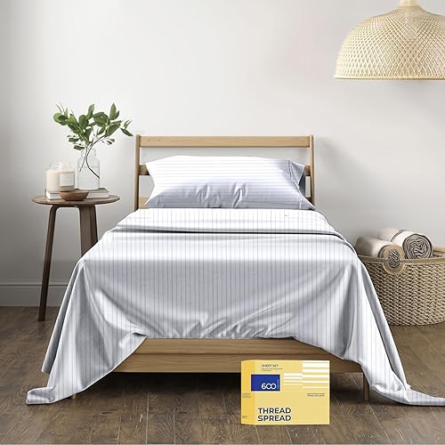 Miniatura 10 de THREAD SPREAD Sábanas 100% de algodón estampadas, 600 hilos, juego de sábanas de 3 piezas a rayas color azul jaspeado, sábanas de tejido satinado de