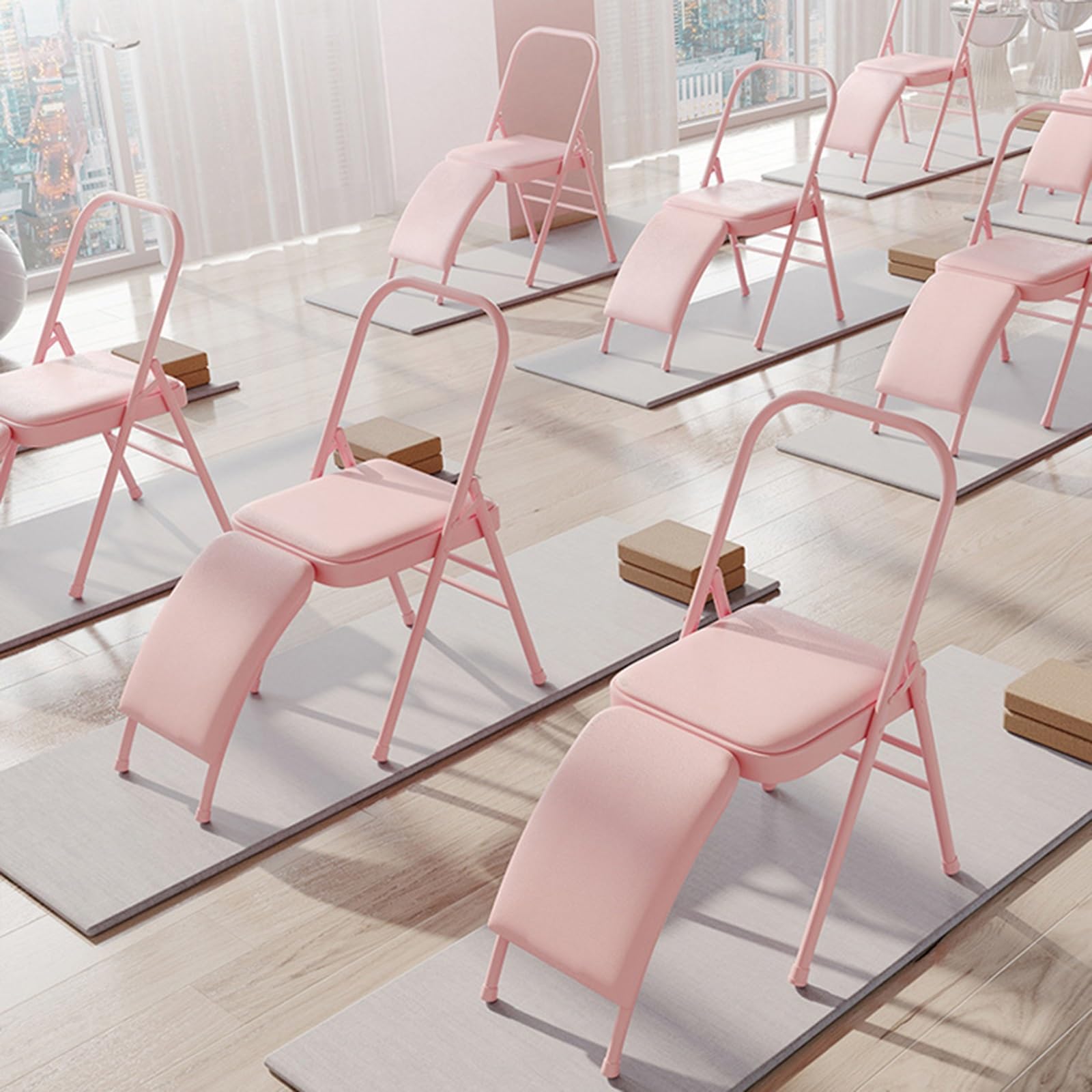 MZZKFC Foldable Adult Yoga Chair with Detachable Lumbar Support, Pink Double Beam Yoga Auxiliary Chair, Yoga Equipment for Waist/Leg Exercise & Hip Movement