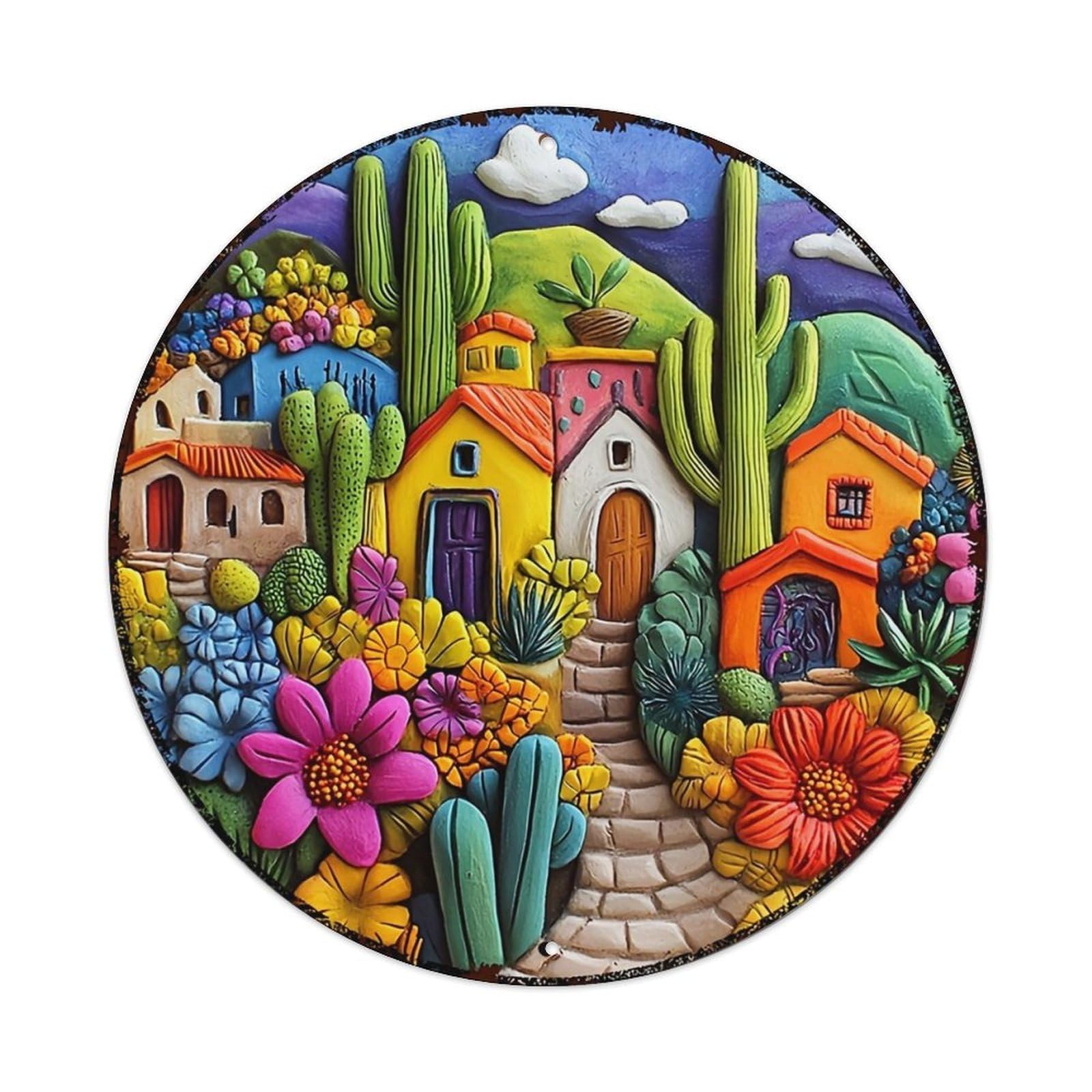Colorful Desert Village Scene Art Retro Metal Sign Round Tin Sign, Vintage Decor Art Poster for Bar, Home, Man Cave, Kitchen, Laundry Room Gift 8x8Inch