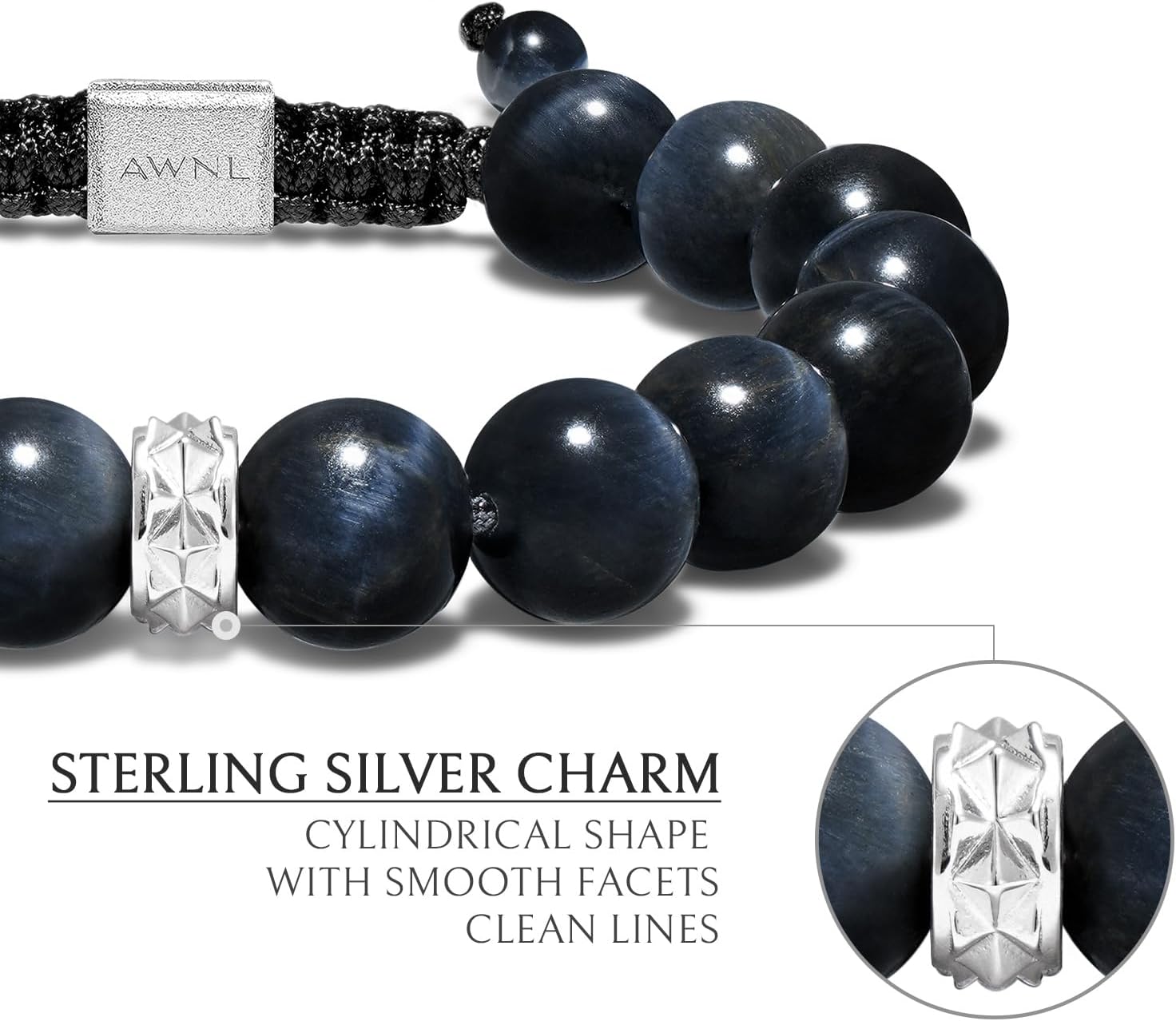 AWNL Hawk's Eye Charoite Beaded Bracelet for Men Sterling Silver Charm Adjustable Braided Protection Bracelet (10mm) Natural Gemstones Gift for Men, 6.1''-7.5'' - Image 5