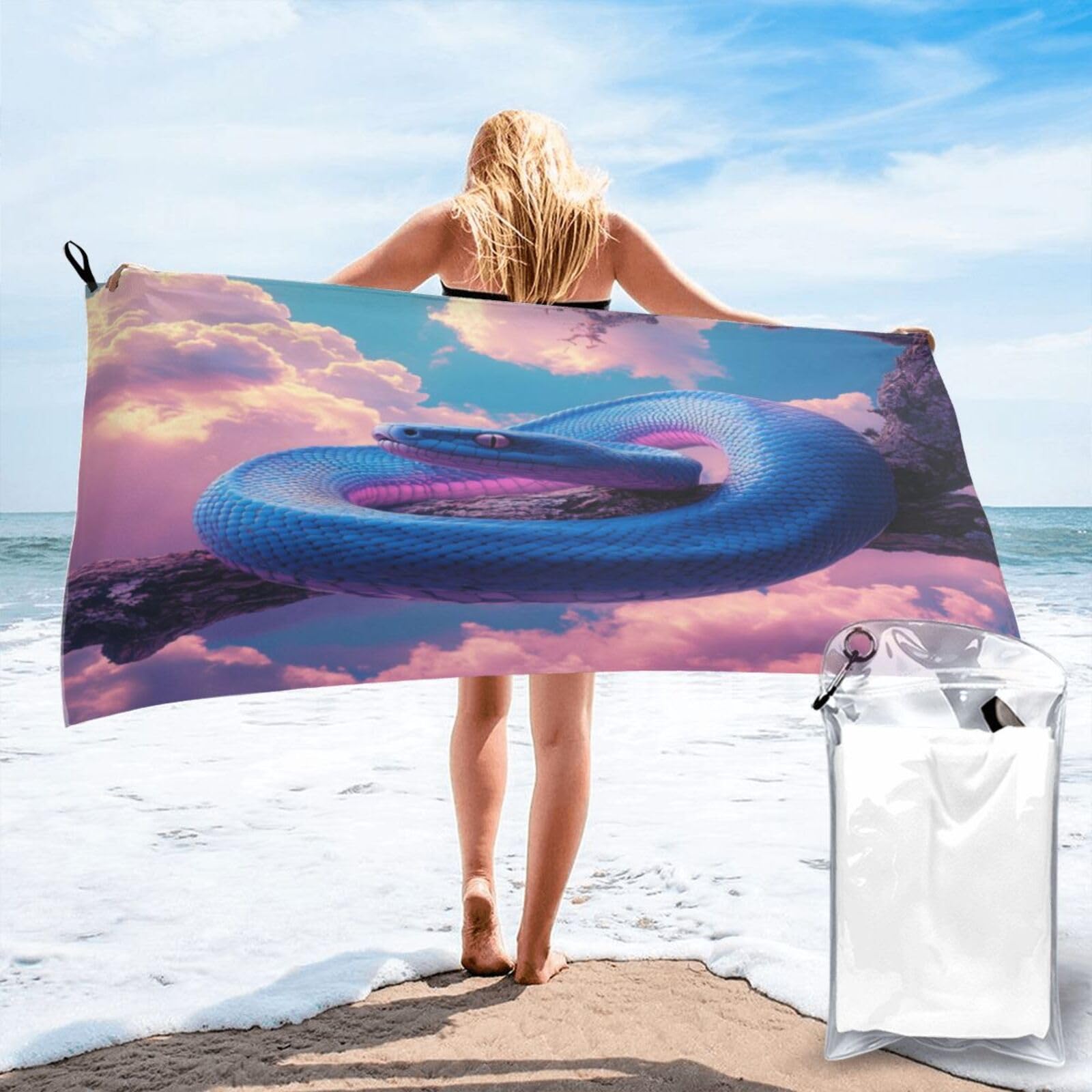 Anceky Dreamy Blue Snake On Branch, Pink Clouds Quick Dry Microfiber Travel Towel with Carry Case and Carabiner 31.5"X63"