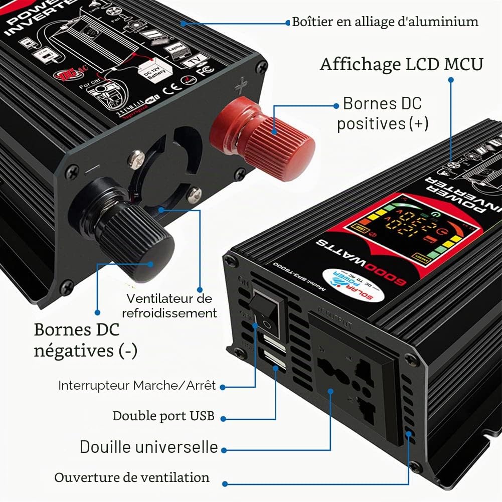 Onduleur 12 V 220 V 6000W Convertisseur de Transformateur avec 2 Ports USB 2,1 A pour Voiture Camion