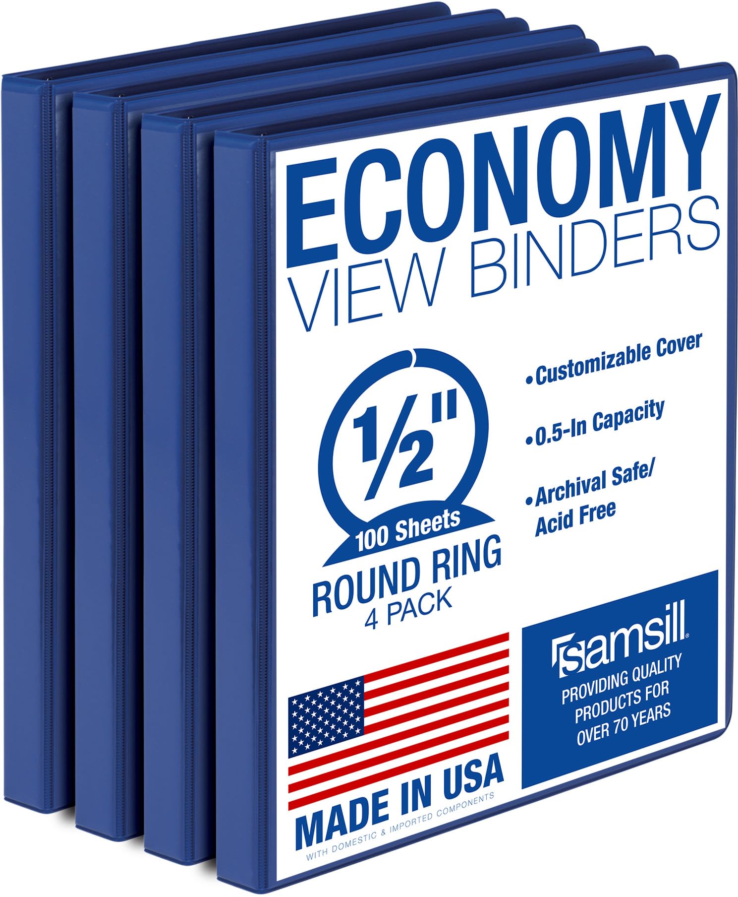 Samsill 0.5 Inch 3 Ring Binder, Made in USA, Economy Round Ring, Clear View Cover, 100 Sheet Capacity - for School, Home, Office - Blue, 4 Pack โ image 1