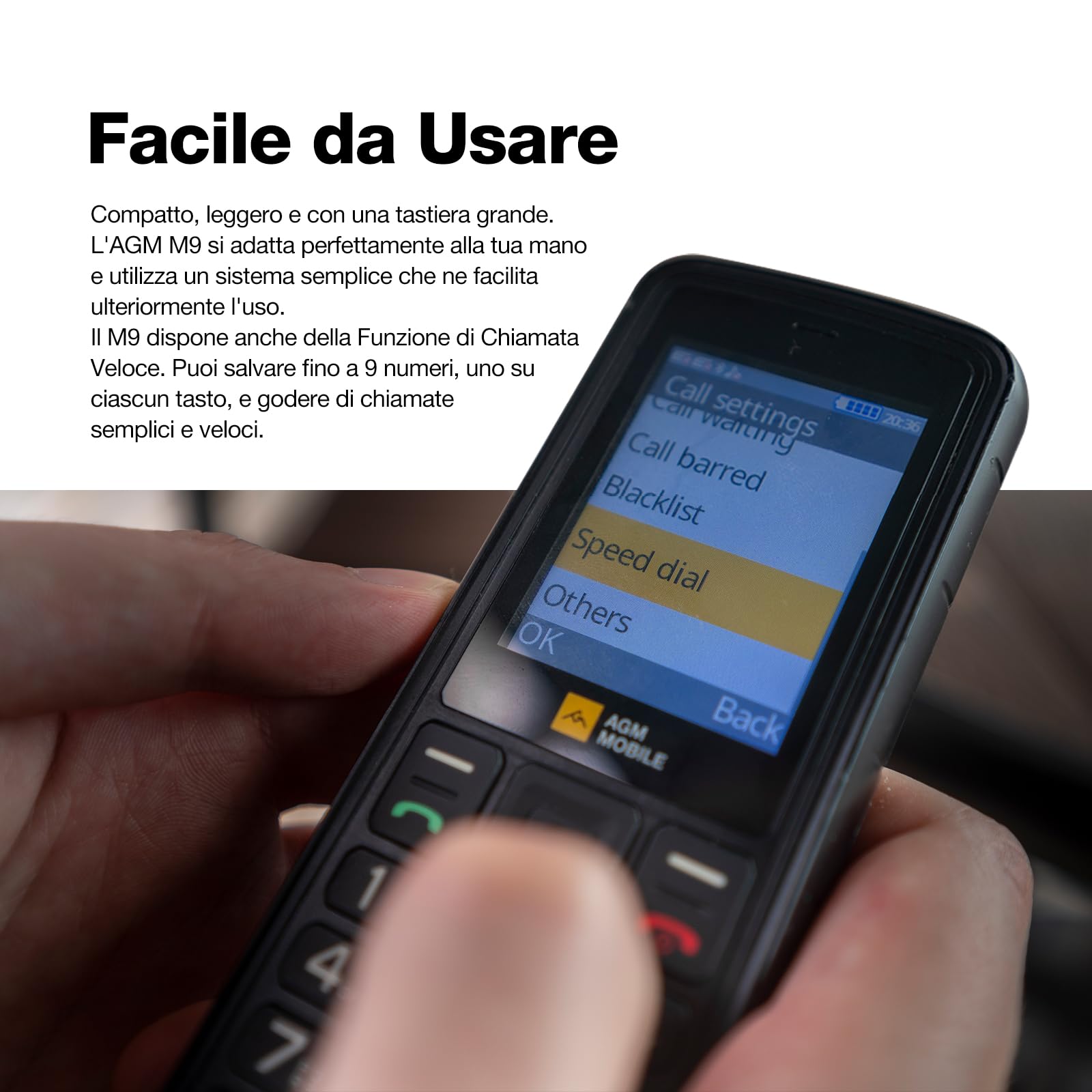 AGM M9 Telefono cellulare,4G LTE compatibile T-Mobile,3 slot schede,IP68 & IP69K impermeabile，espandibile 128GB,tasti grandi,composizione rapida,1000mAh,radio FM, torcia.