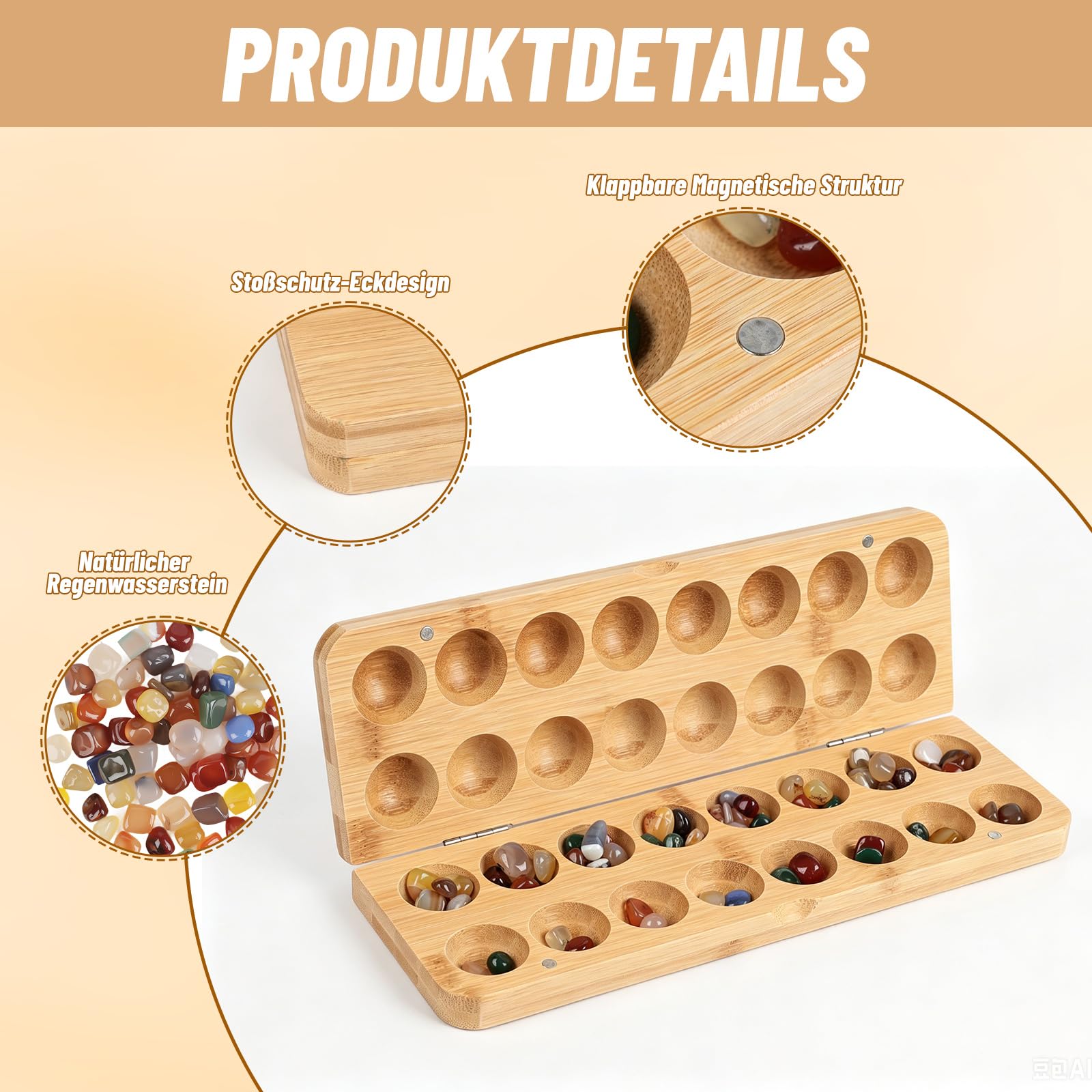 Jeu de pierres Kalaha - Jeu de pierres précieuses pliable en bois avec 65 pierres, double jeu, jeux de puzzle, jeux de stratégie pour voyages, fêtes, activités scolaires, 47 x 14,5 x 4 cm