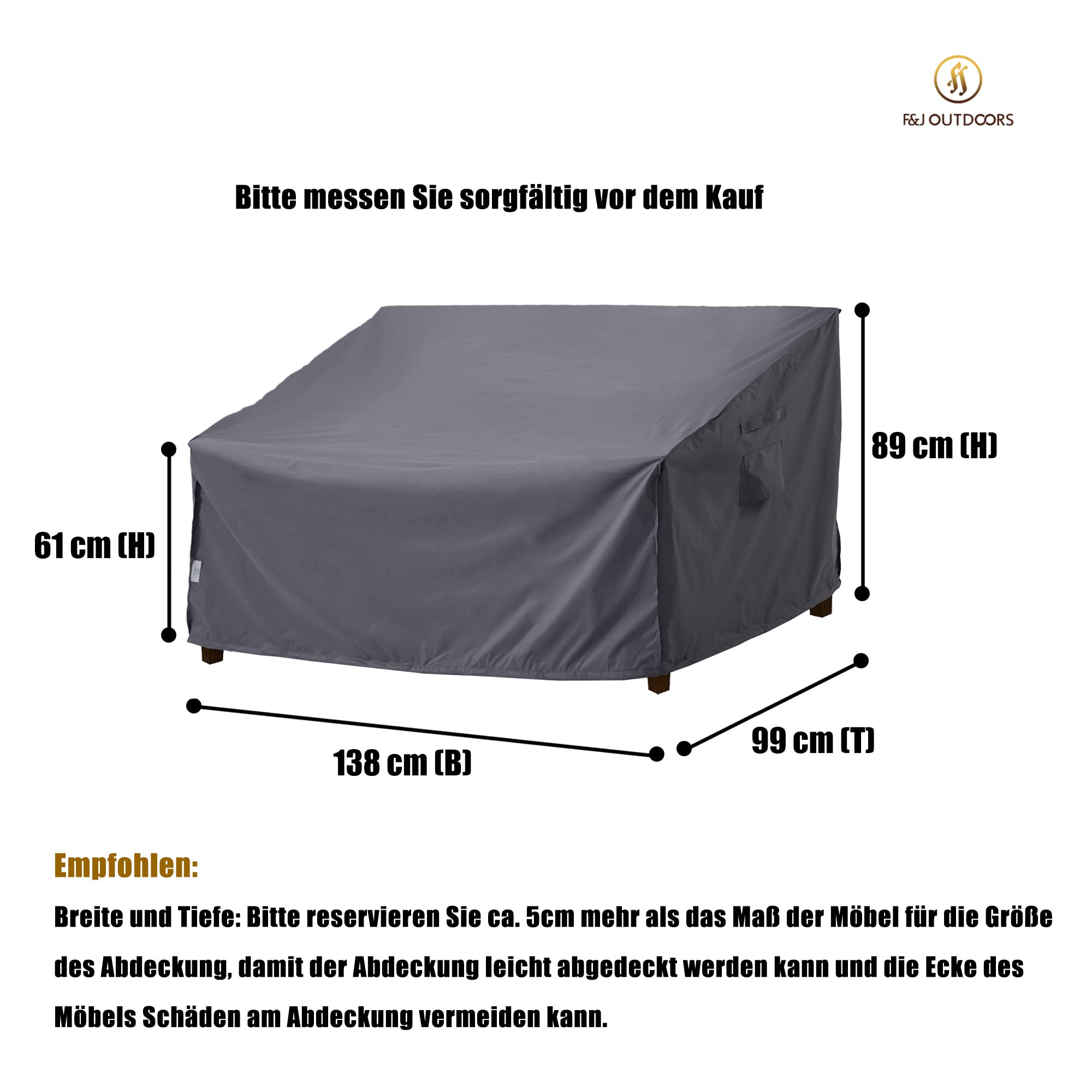F&J Outdoors Gartensofa Abdeckung Wasserdicht Bank Abdeckungen 2-3 Sitzer Patio Stoff Sofa Abdeckungen Outdoor-Möbel Cinched Taille Winddicht Protector 138x99x61/89cm, Grau