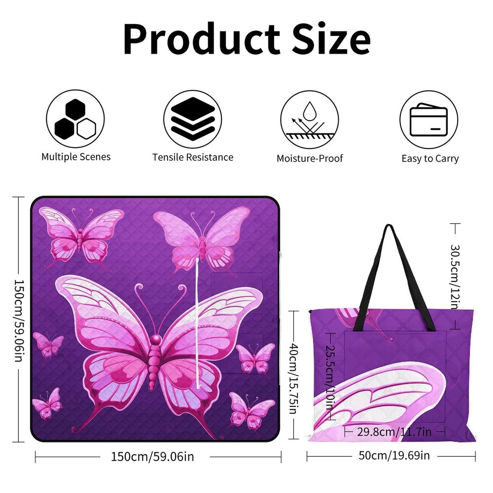 Manta de picnic y playa, manta de picnic portátil, grande, con estampado de mariposas, plegable, duradera, para playa, camping, césped, parque, accesorios