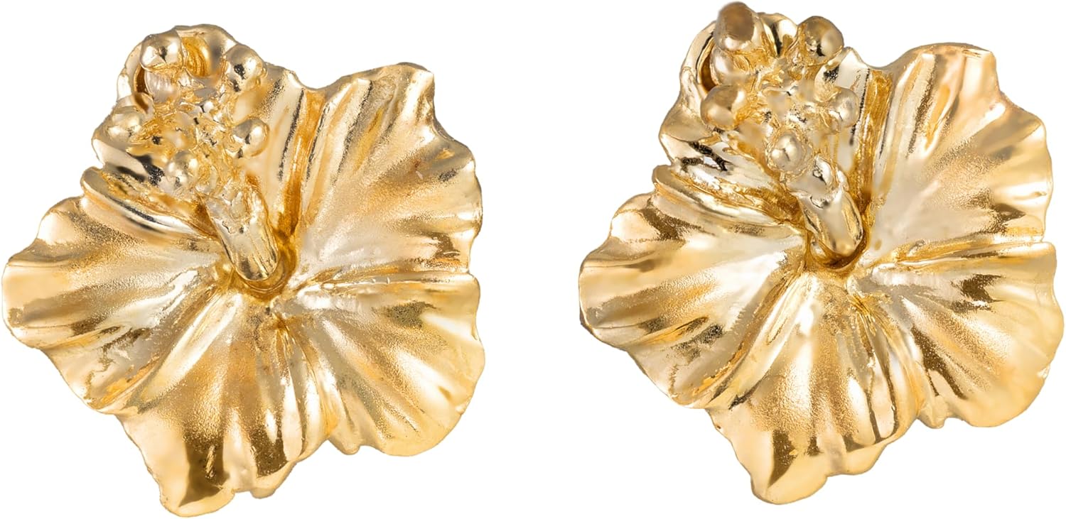 14K Solid Yellow Gold Hawaiian Hibiscus Flower Stud Earrings, Nickle Free Hypoallergenic for Sensitive Skin, For Mom Women Daughter, Gift Box Included