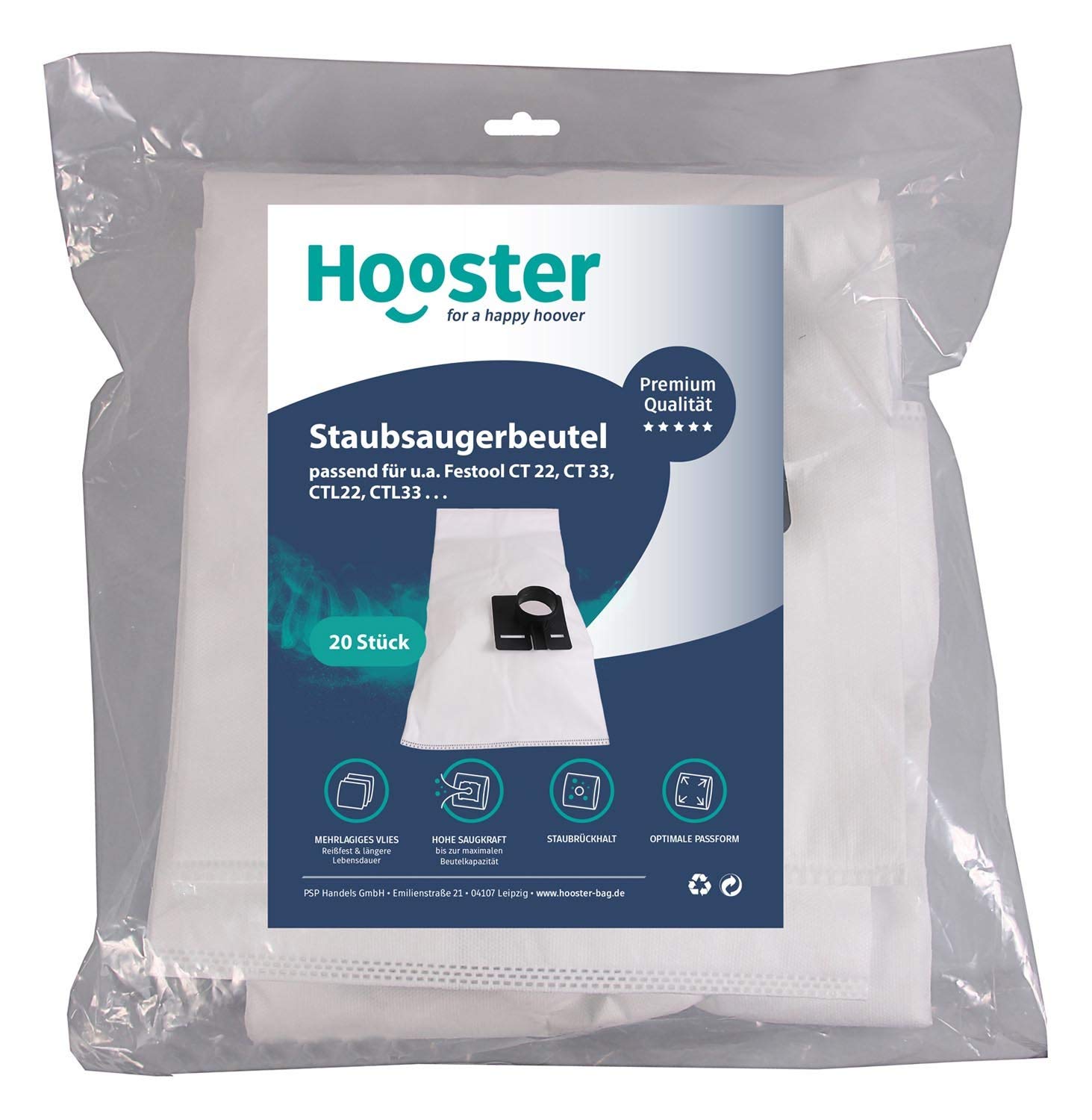 20 Stück Staubsaugerbeutel passend für Festool Cleantec CT 22 E / CT22E / CT-22E / 22 Liter Version