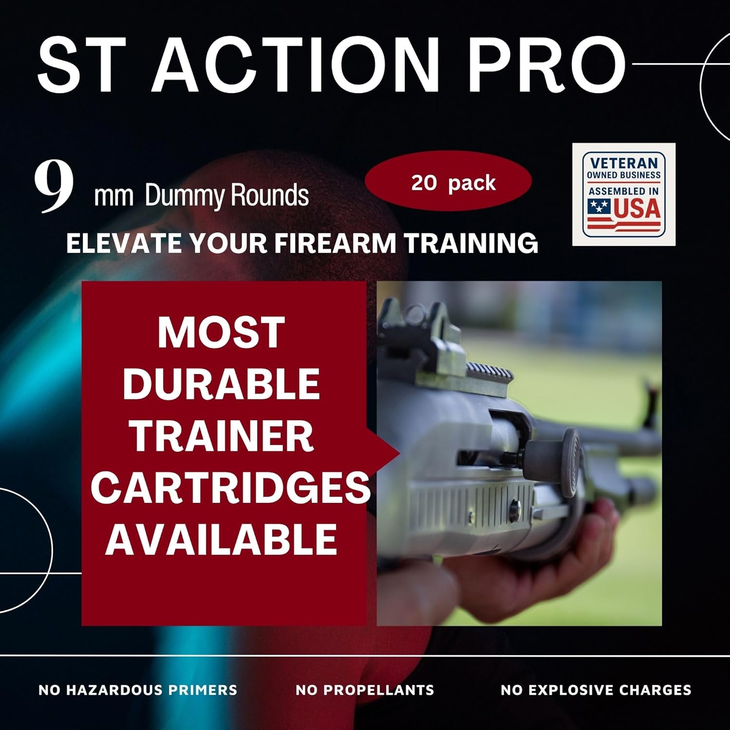 ST Action Pro 9mm Dummy Rounds –20 Pack Inert Training Ammunition for Dry Fire, Malfunction Drills & Classroom Use – Nickel Casing, UV Reactive, Veteran-Owned, Assembled in USA – Safe & Reusable