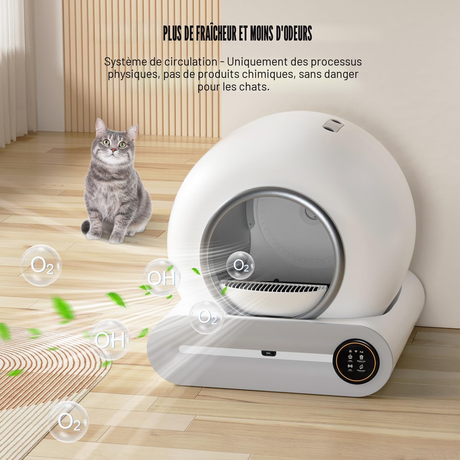 Litière Chat Automatique Autonettoyante, App, Anti-Odeur, Compacte 65L+9L | Sécurité anti-pincement 100%, bac 9L 15j, 65L, capteurs gravité+IR, app santé, ions, compact, kit tapis+30 sacs.