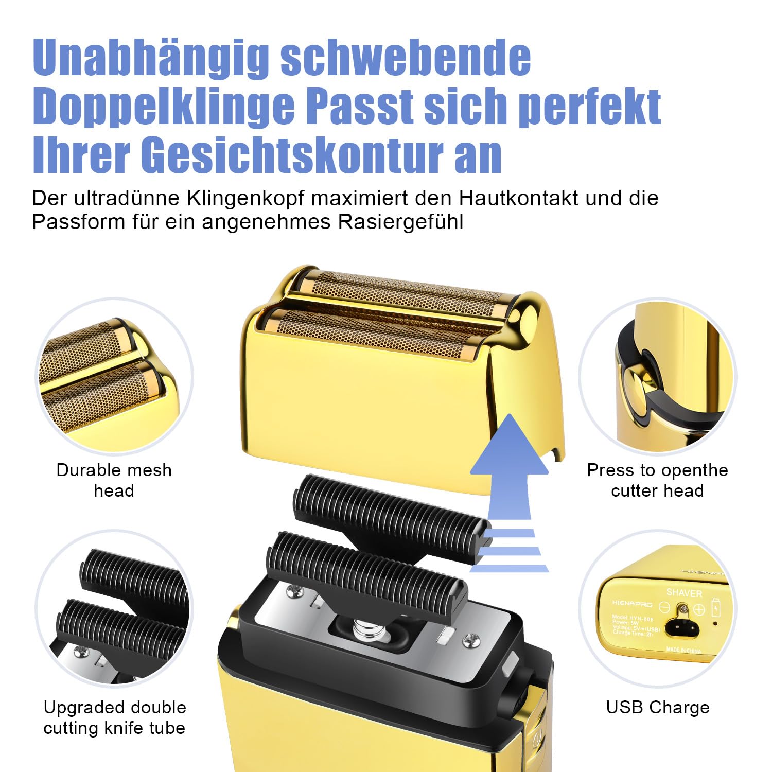 HIENA PRO Folienrasierer Herren, Reiserasierer Herren Null Maschine Haare, Epilierer Herren Friseur, Folienrasierer Für Herren, Elektrorasierer, Abnehmbar und waschbar, USB, Golden