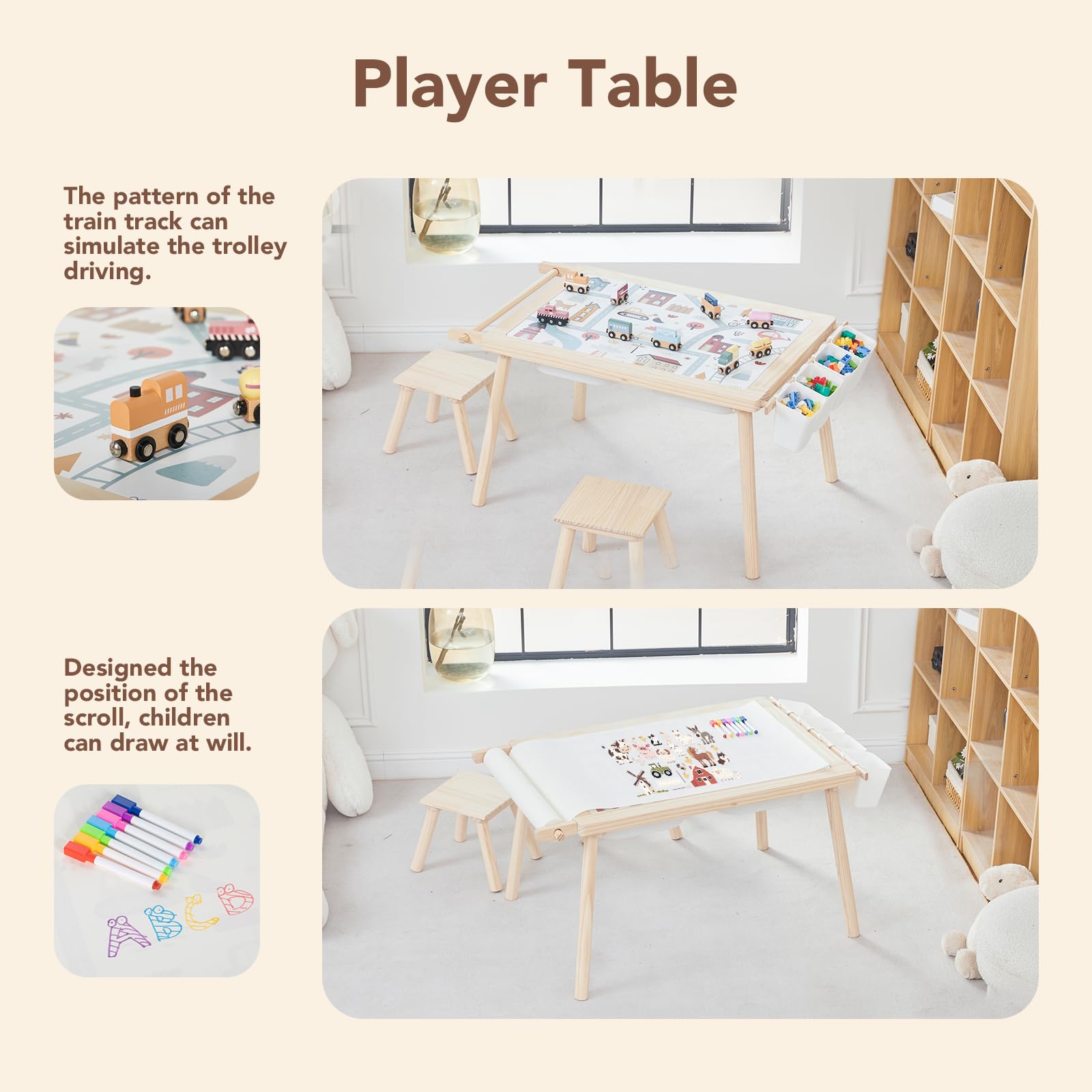 Juego de mesa y silla sensorial 5 en 1 para niños, juego de arena y agua de madera, bloques de construcción, estudio, comedor, almacenamiento de juguetes 5